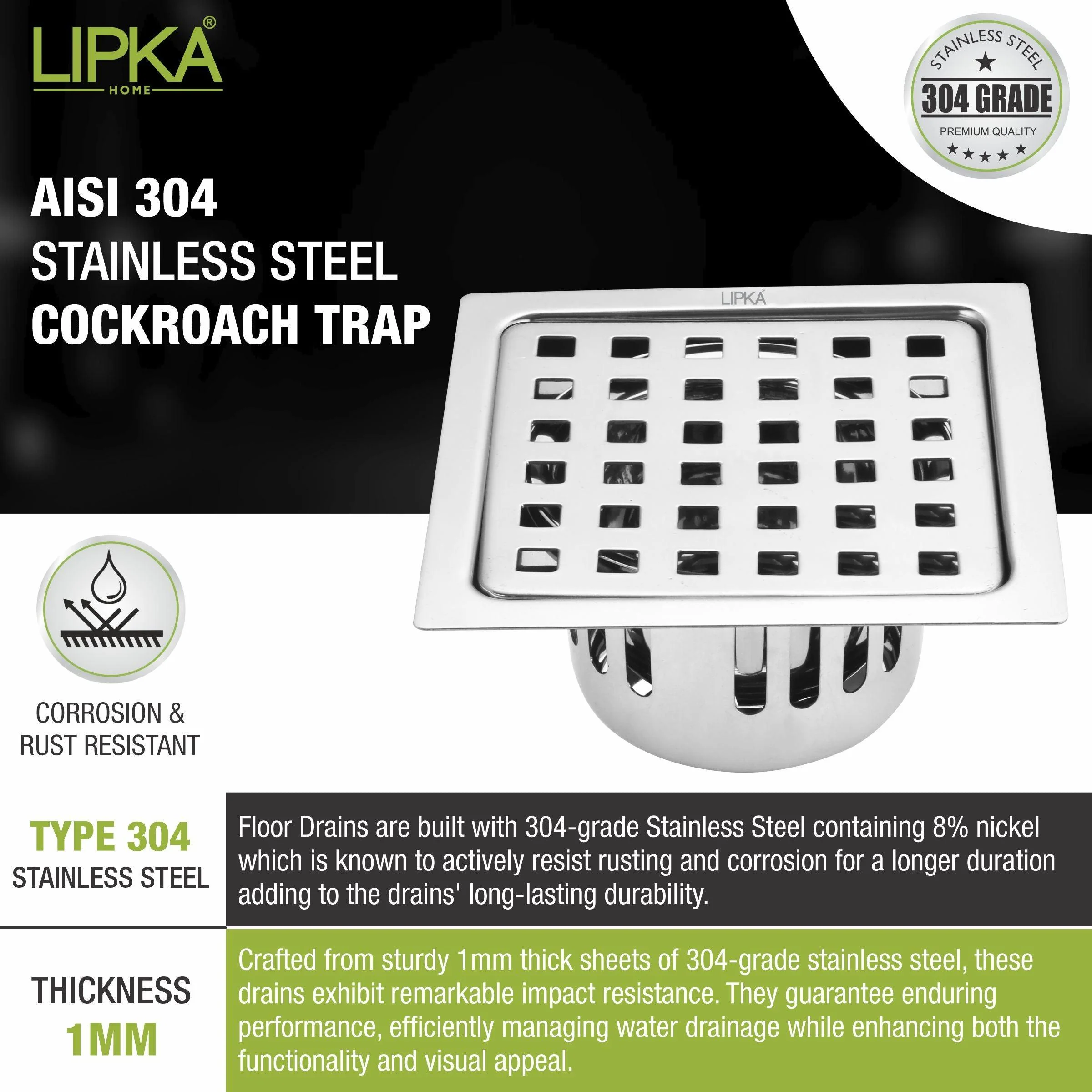 Agni Square Floor Drain (5 x 5 Inches) with Cockroach Trap - LIPKA - Image 3