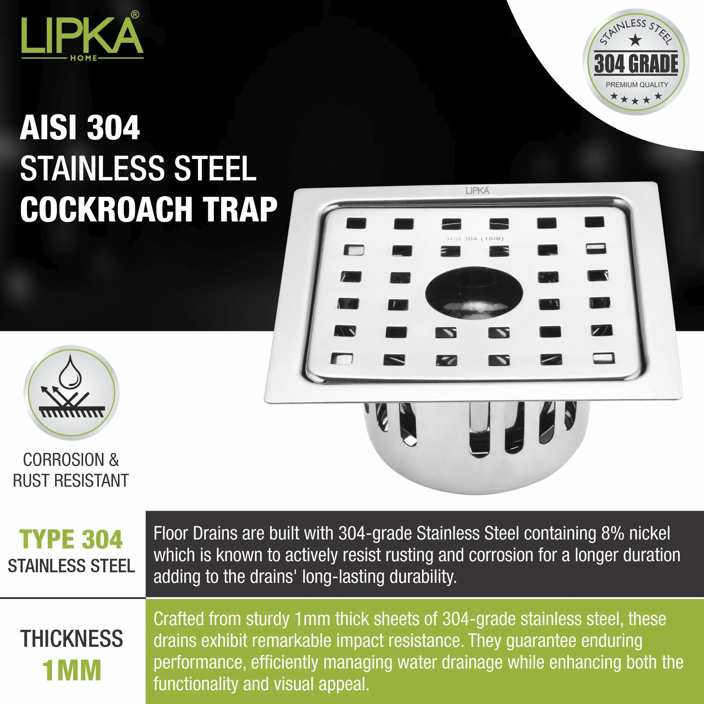 Agni Square Floor Drain (5 x 5 Inches) with Hole and Cockroach Trap- LIPKA - Image 3