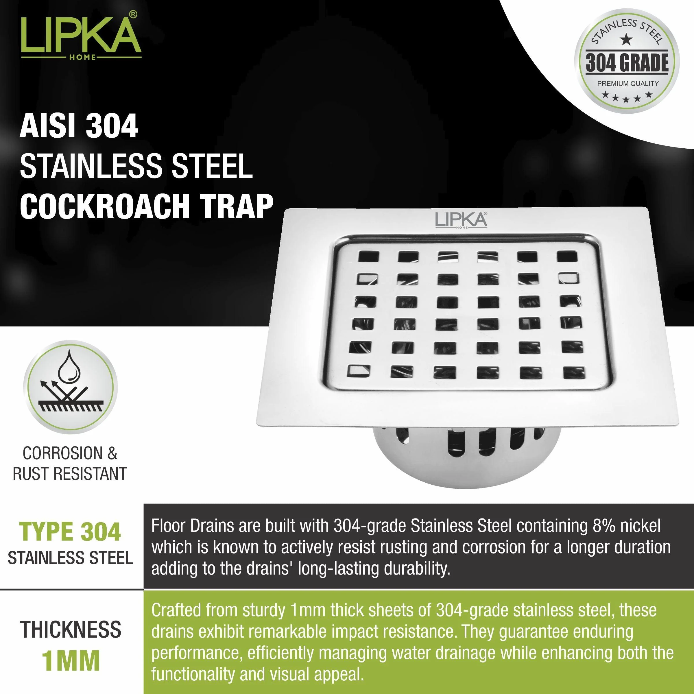 Agni Square Floor Drain (6 x 6 Inches) with Cockroach Trap- LIPKA - Image 3
