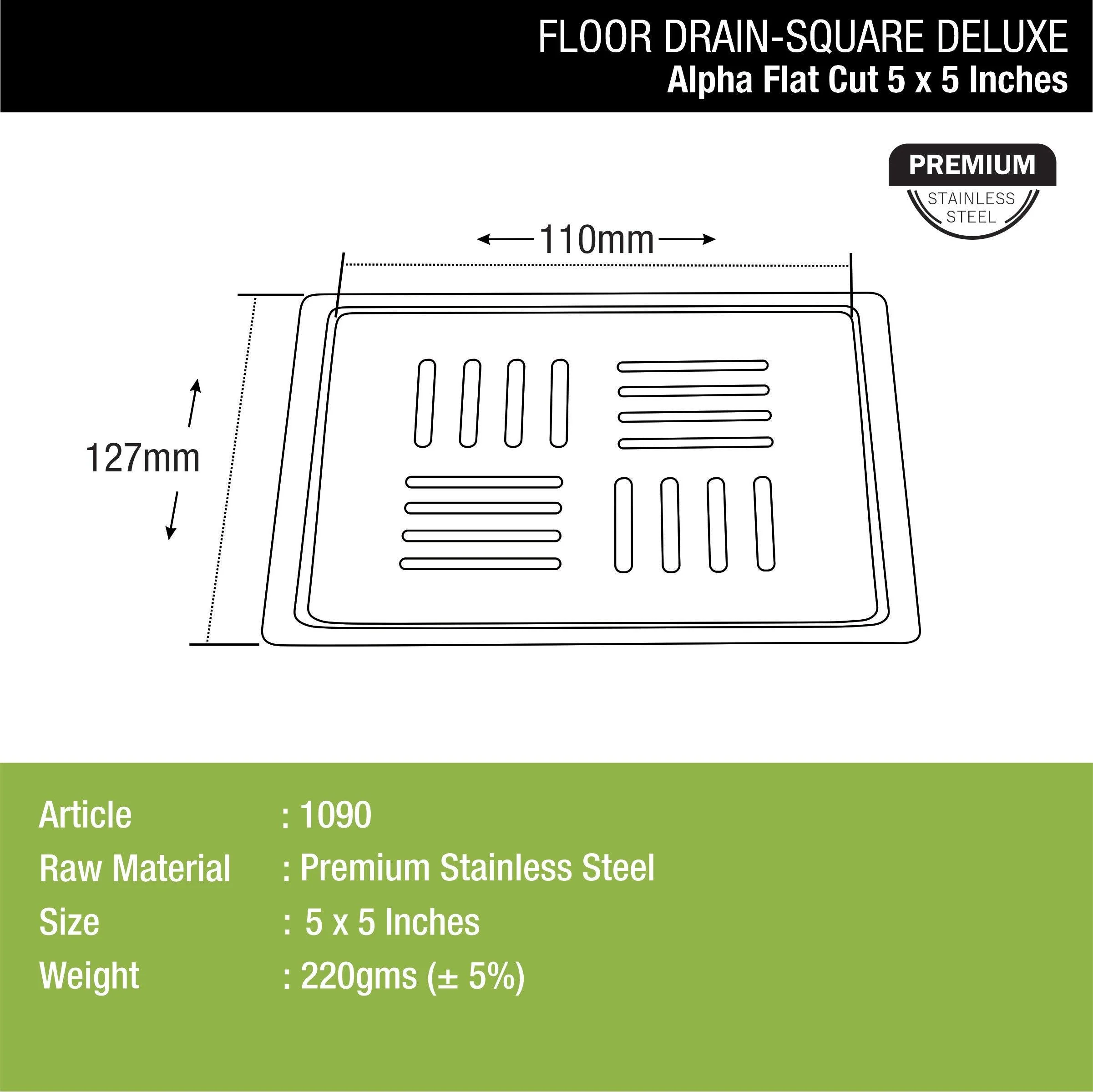 Alpha Deluxe Square Flat Cut Floor Drain (5 x 5 Inches) - LIPKA - Image 2