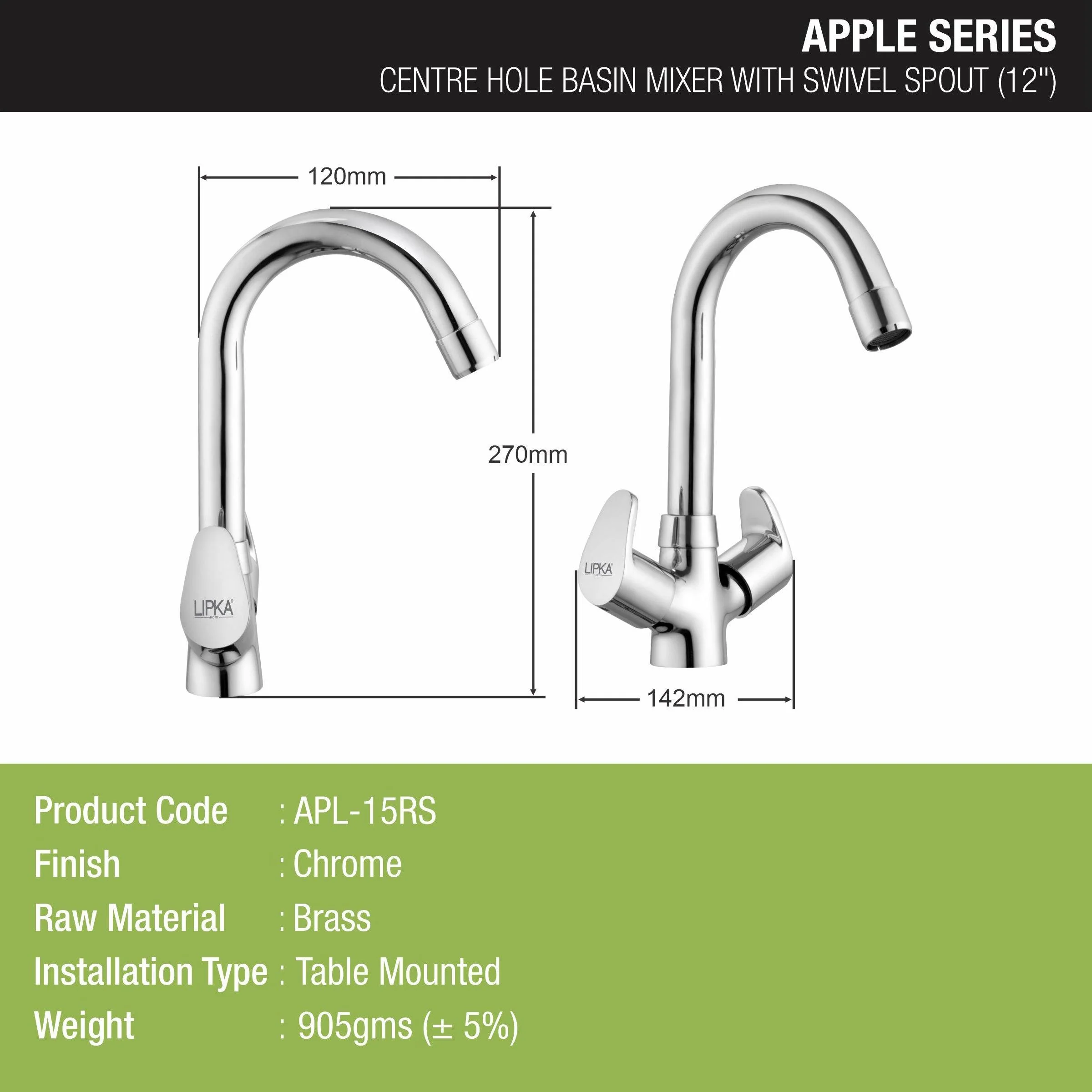 Apple Centre Hole Basin Mixer Brass Faucet with Round Swivel Spout (12 Inches) - LIPKA - Image 2
