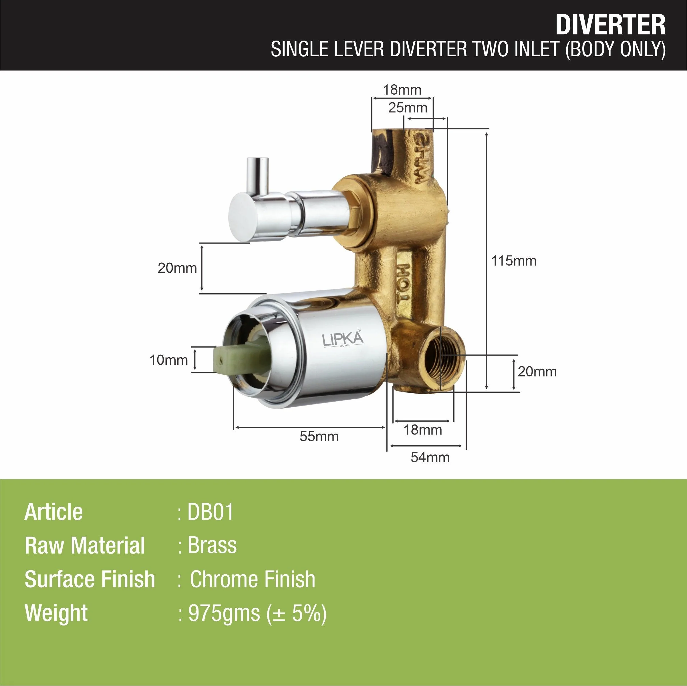 2-inlet Single Lever Brass Diverter (Only Body) - LIPKA - Image 2