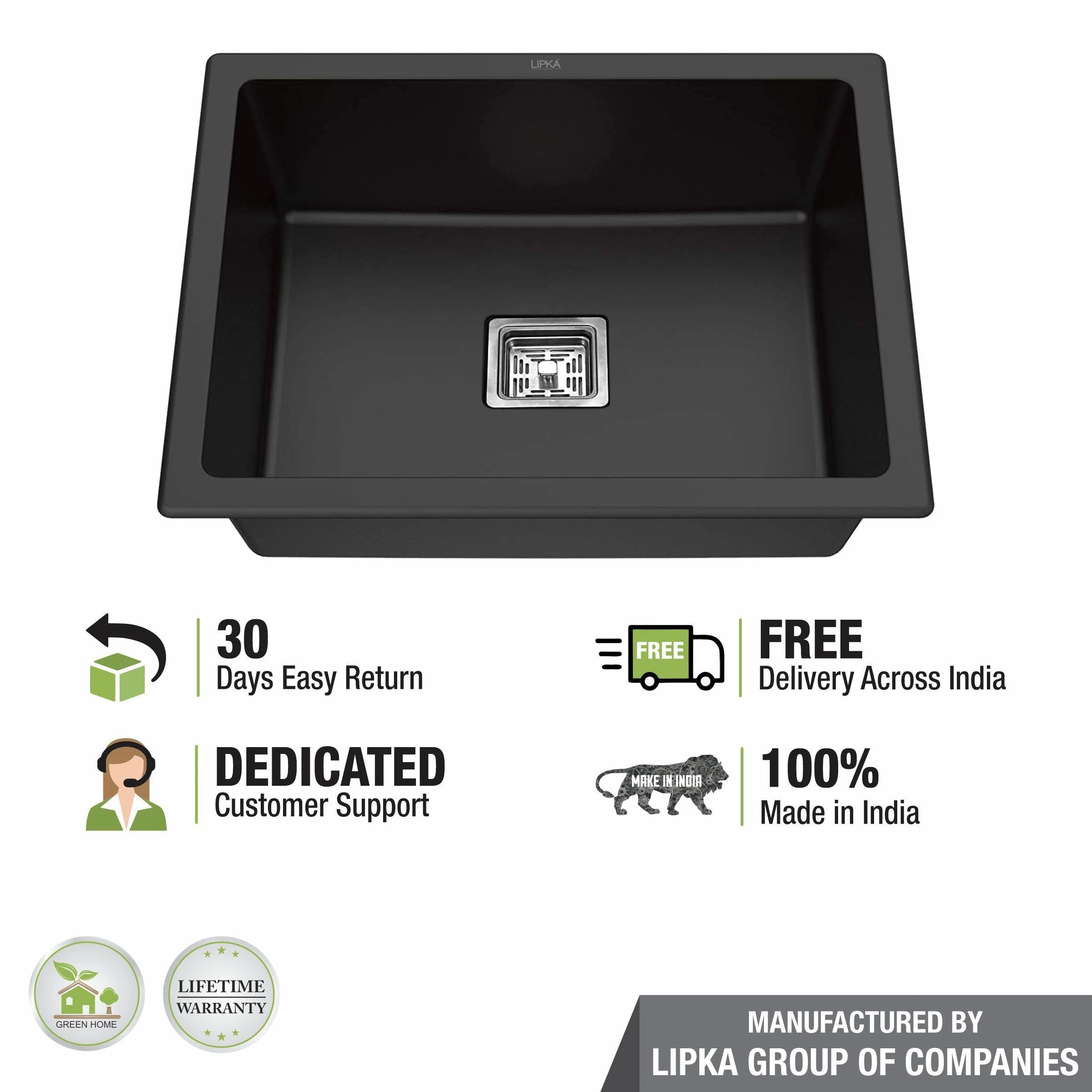 Black Quartz Single Bowl Kitchen Sink (24 x 18 x 9 Inches) - LIPKA - Image 5