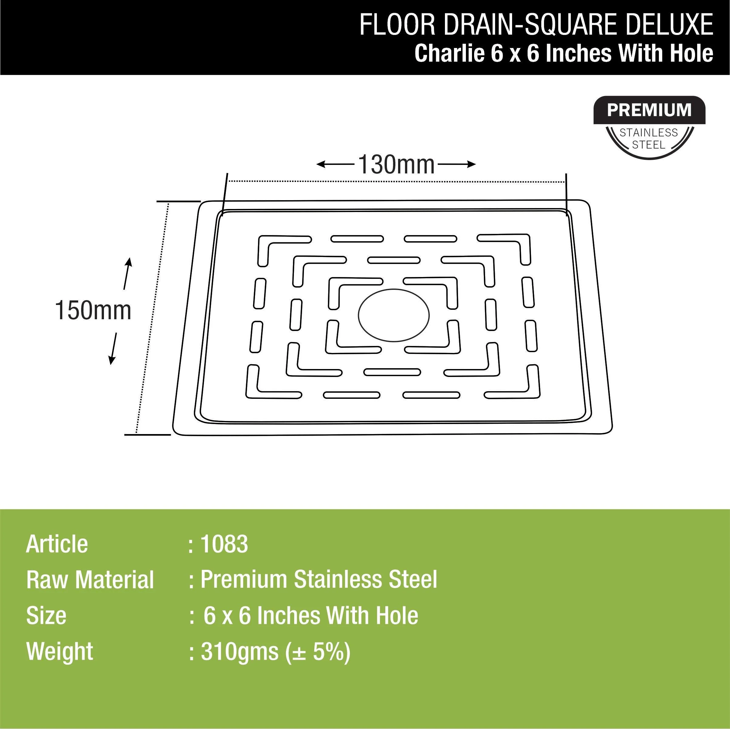 Charlie Deluxe Square Flat Cut Floor Drain (6 x 6 Inches) with Hole - LIPKA - Image 2