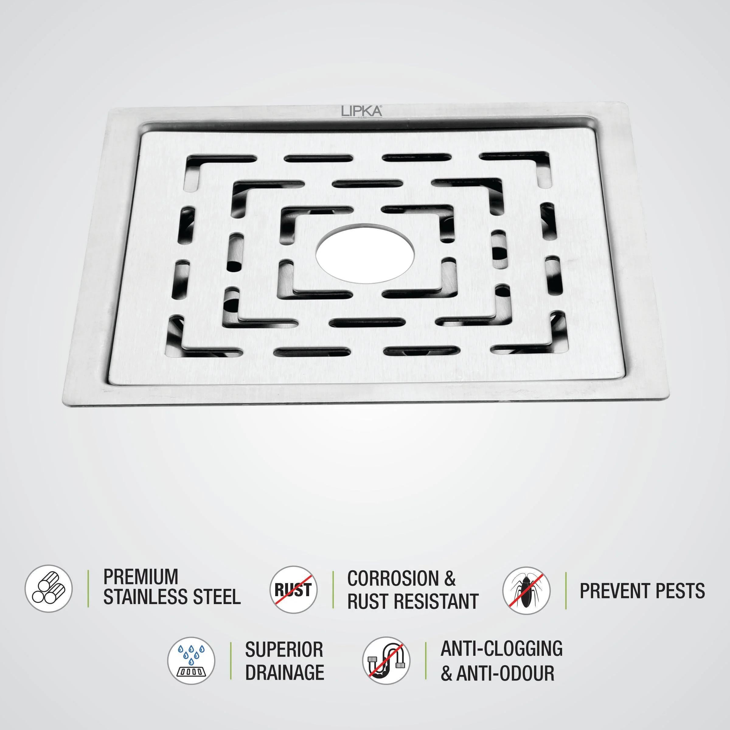 Charlie Deluxe Square Flat Cut Floor Drain (6 x 6 Inches) with Hole - LIPKA - Image 3