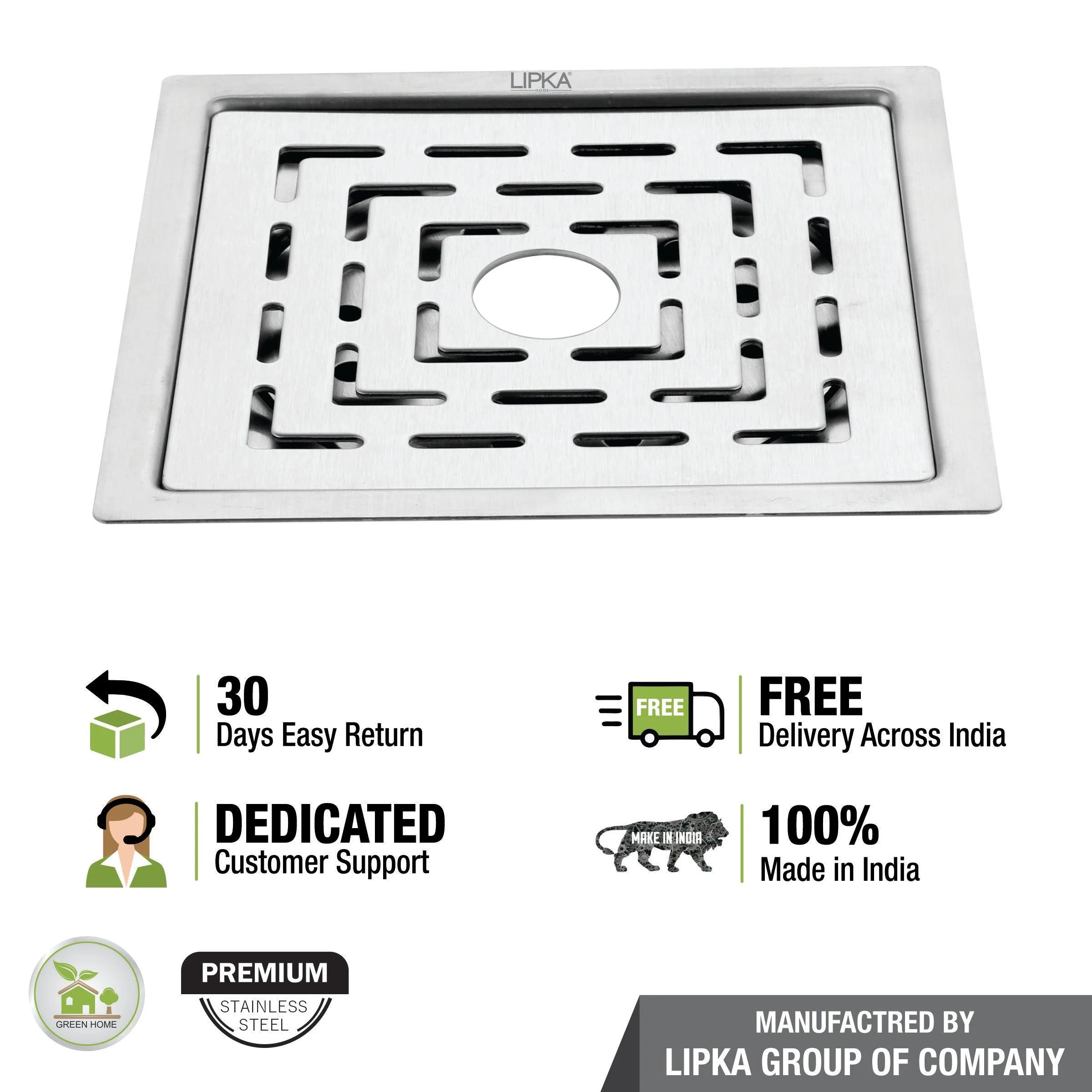 Charlie Deluxe Square Flat Cut Floor Drain (6 x 6 Inches) with Hole - LIPKA - Image 4