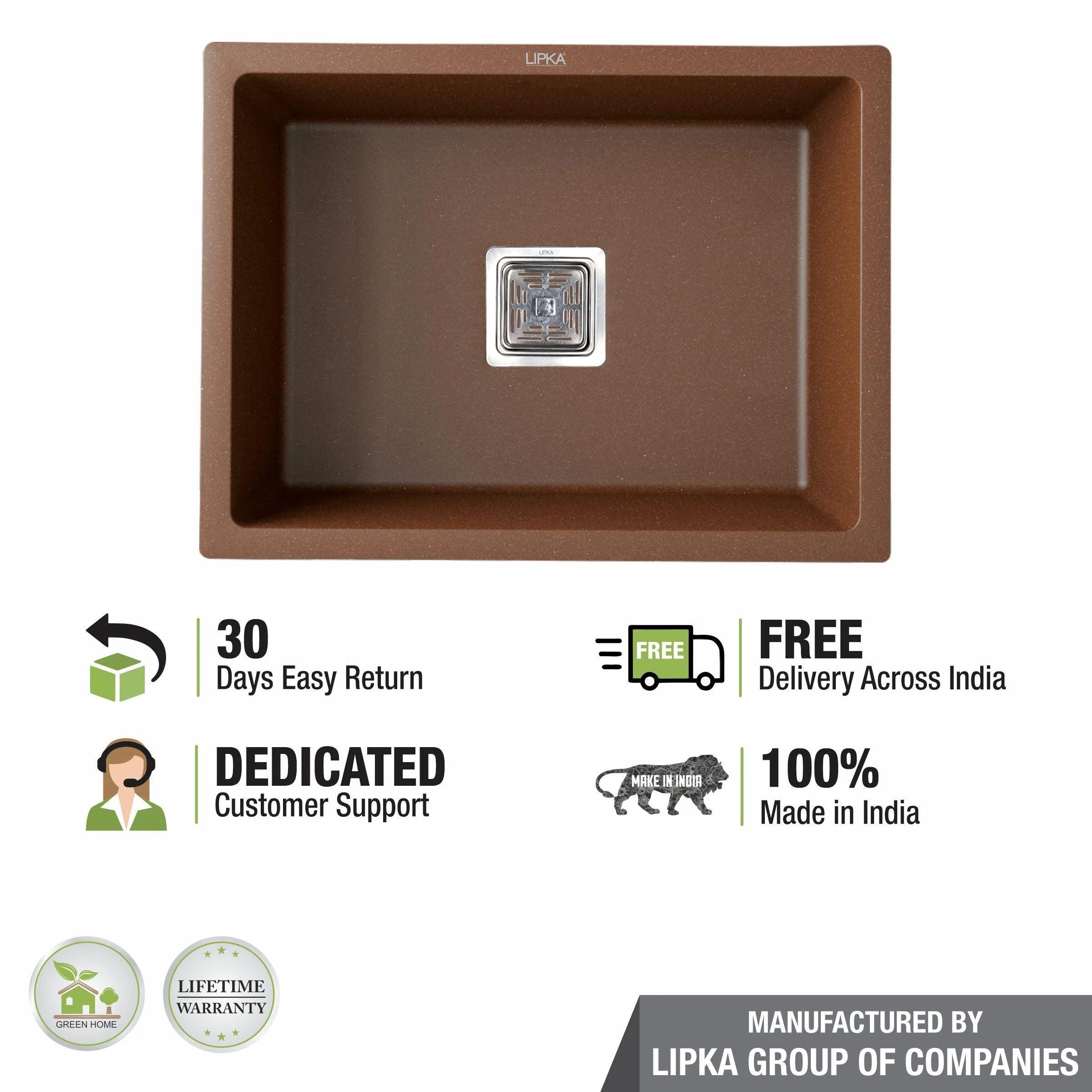 Choco Brown Quartz Single Bowl Kitchen Sink (21 x 18 x 9 Inches) - LIPKA - Image 5