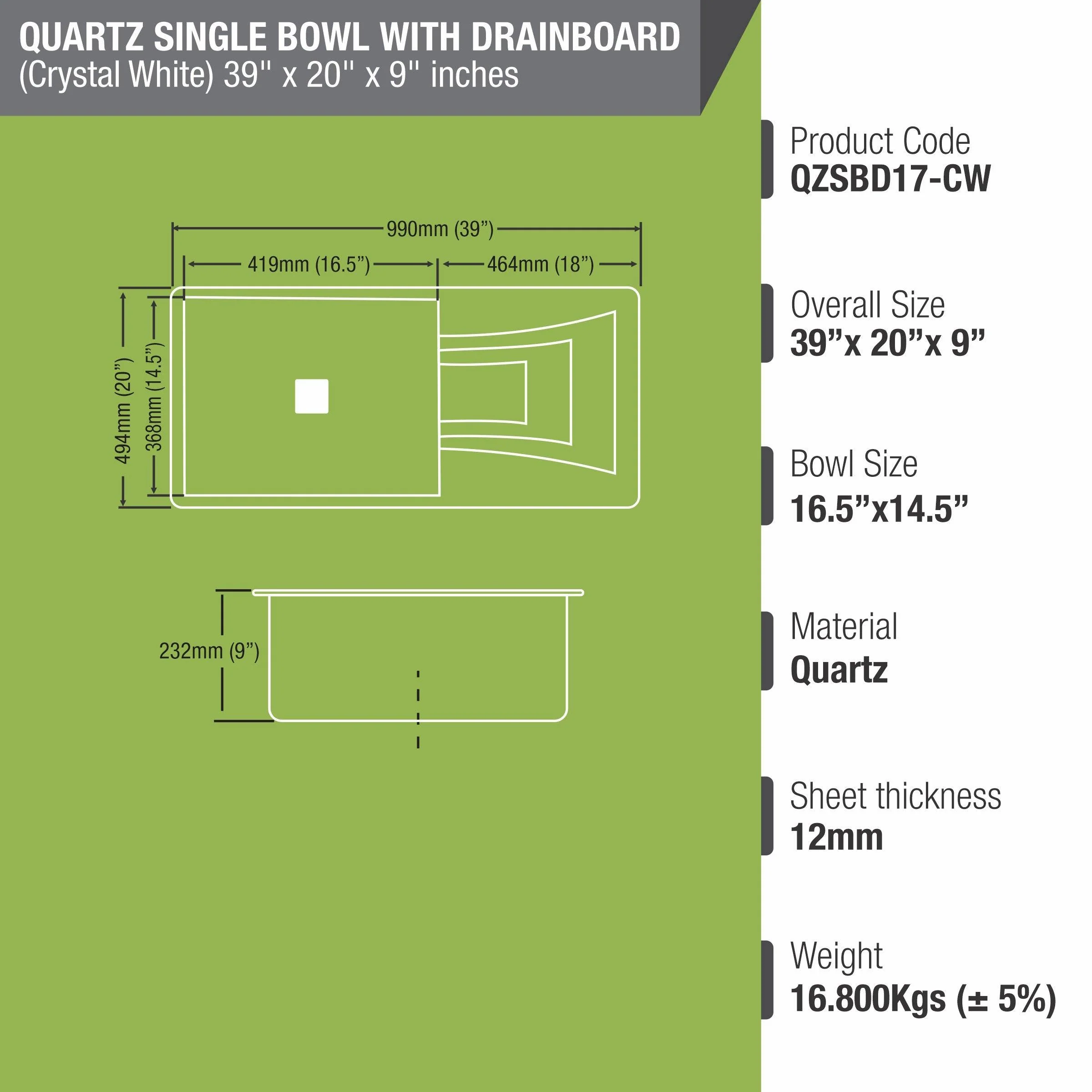 Crystal White Quartz Single Bowl with Drainboard Kitchen Sink (39 x 20 x 9 Inches) - LIPKA - Image 3