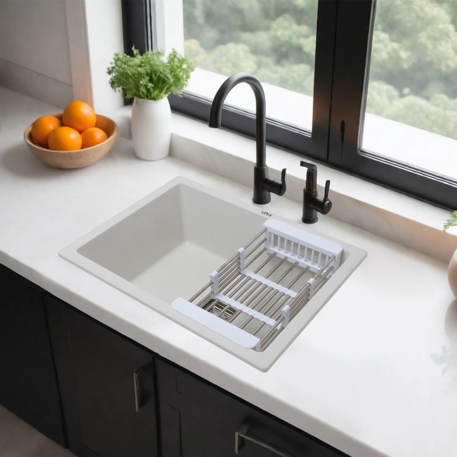 Crystal White Quartz Single Bowl Kitchen Sink (24 x 18 x 9 Inches) - LIPKA