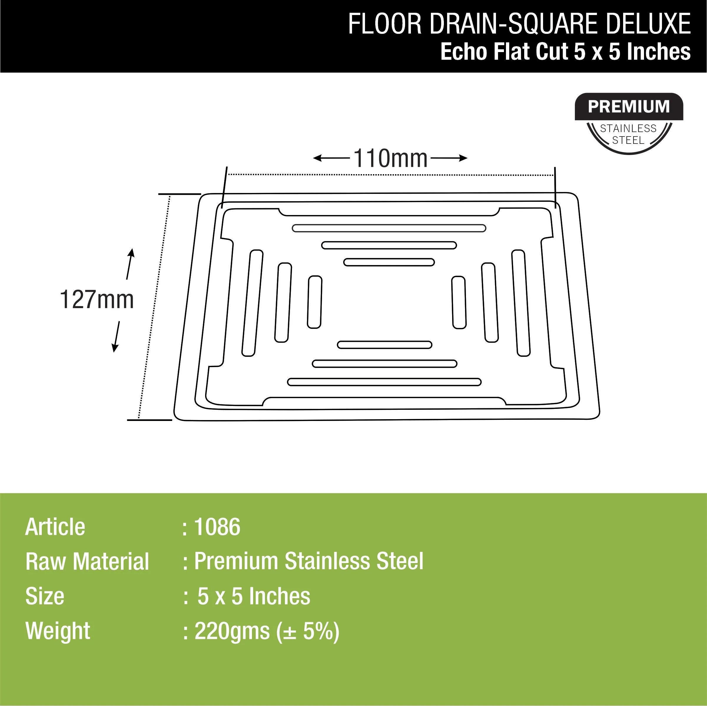 Echo Deluxe Square Flat Cut Floor Drain (5 x 5 Inches) - LIPKA - Image 2