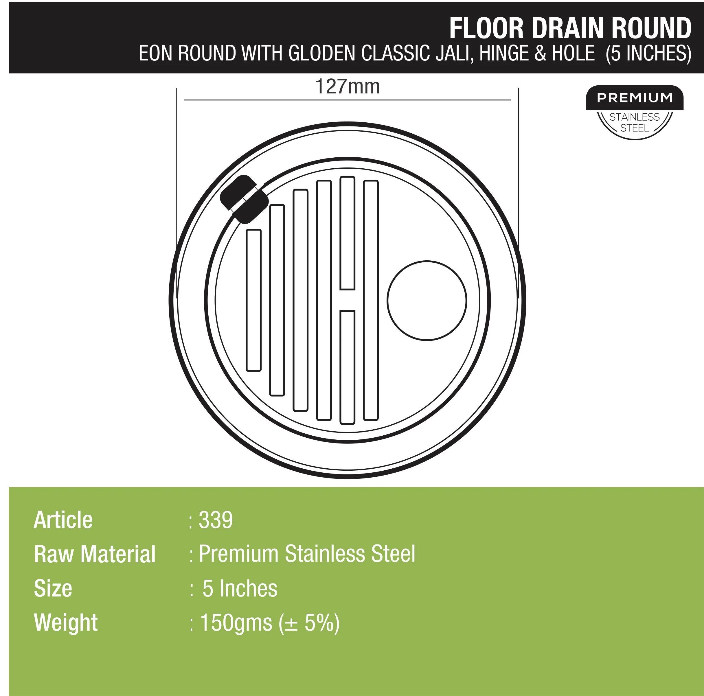 Eon Round Floor Drain with Golden Classic Jali, Hinge & Hole (5 inches) - LIPKA - Image 2