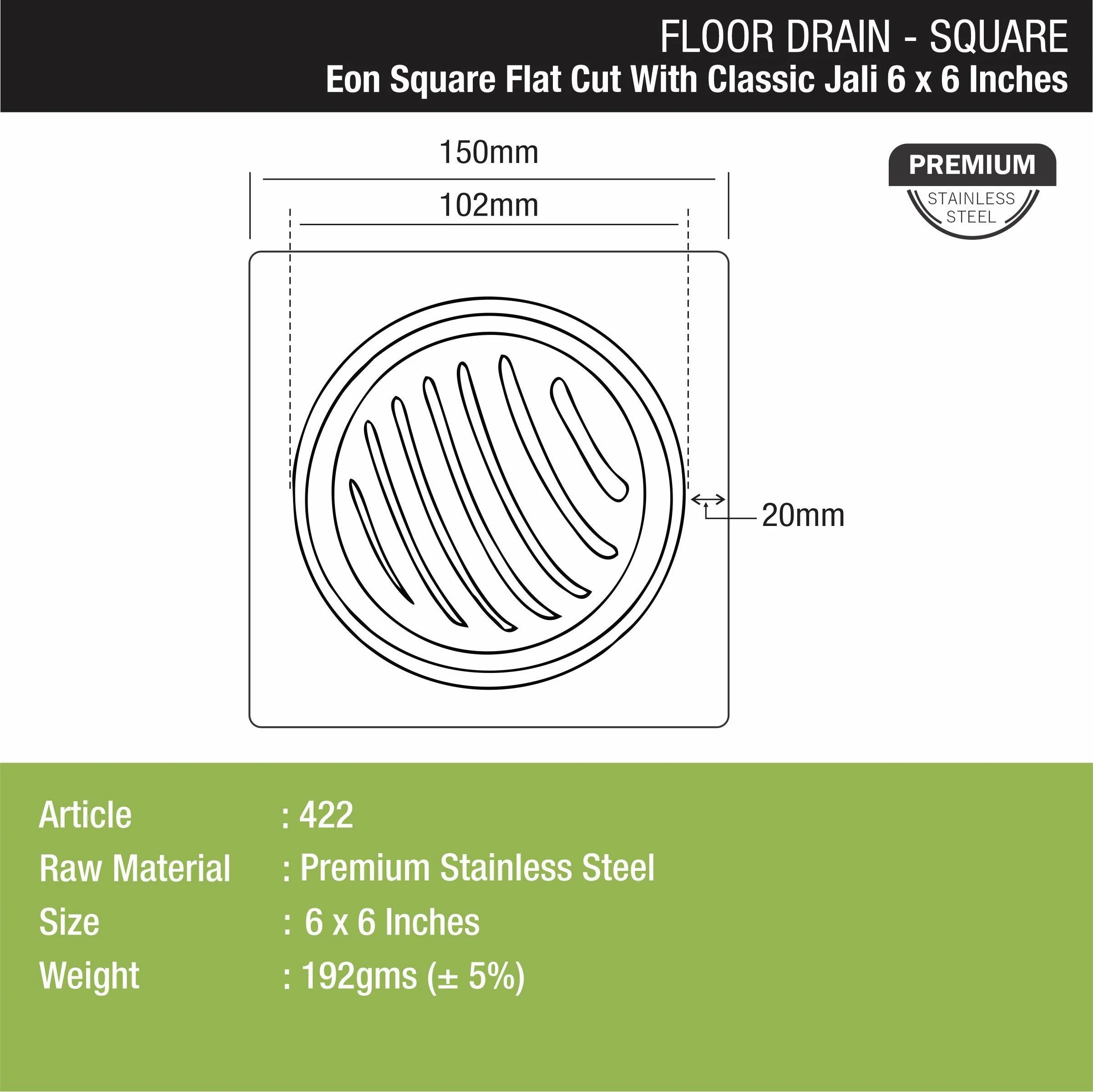 Eon Square Flat Cut Floor Drain with Classic Jali (6 x 6 Inches) - LIPKA - Image 2