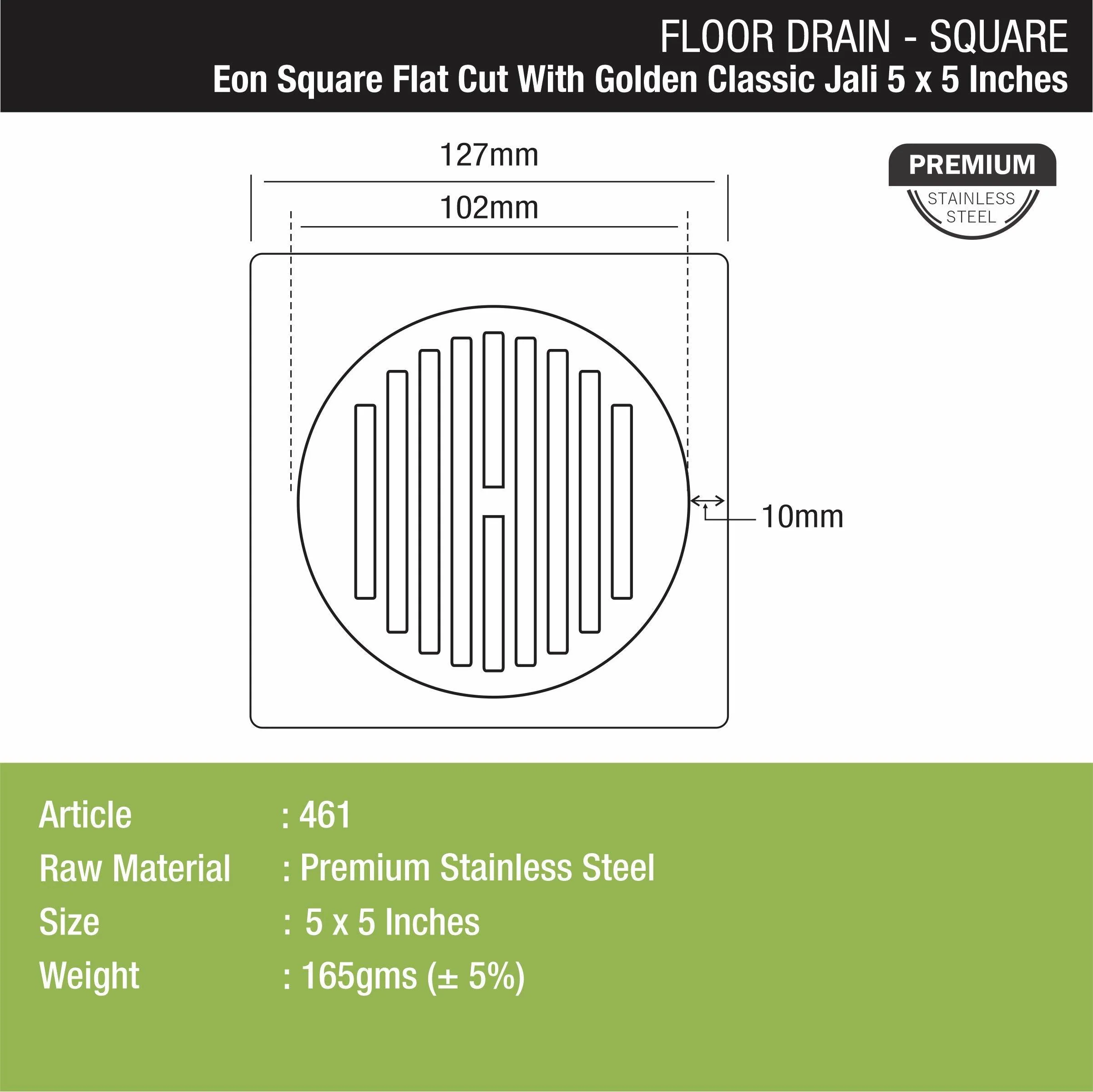 Eon Square Flat Cut Floor Drain with Golden Classic Jali (5 x 5 Inches) - LIPKA - Image 2