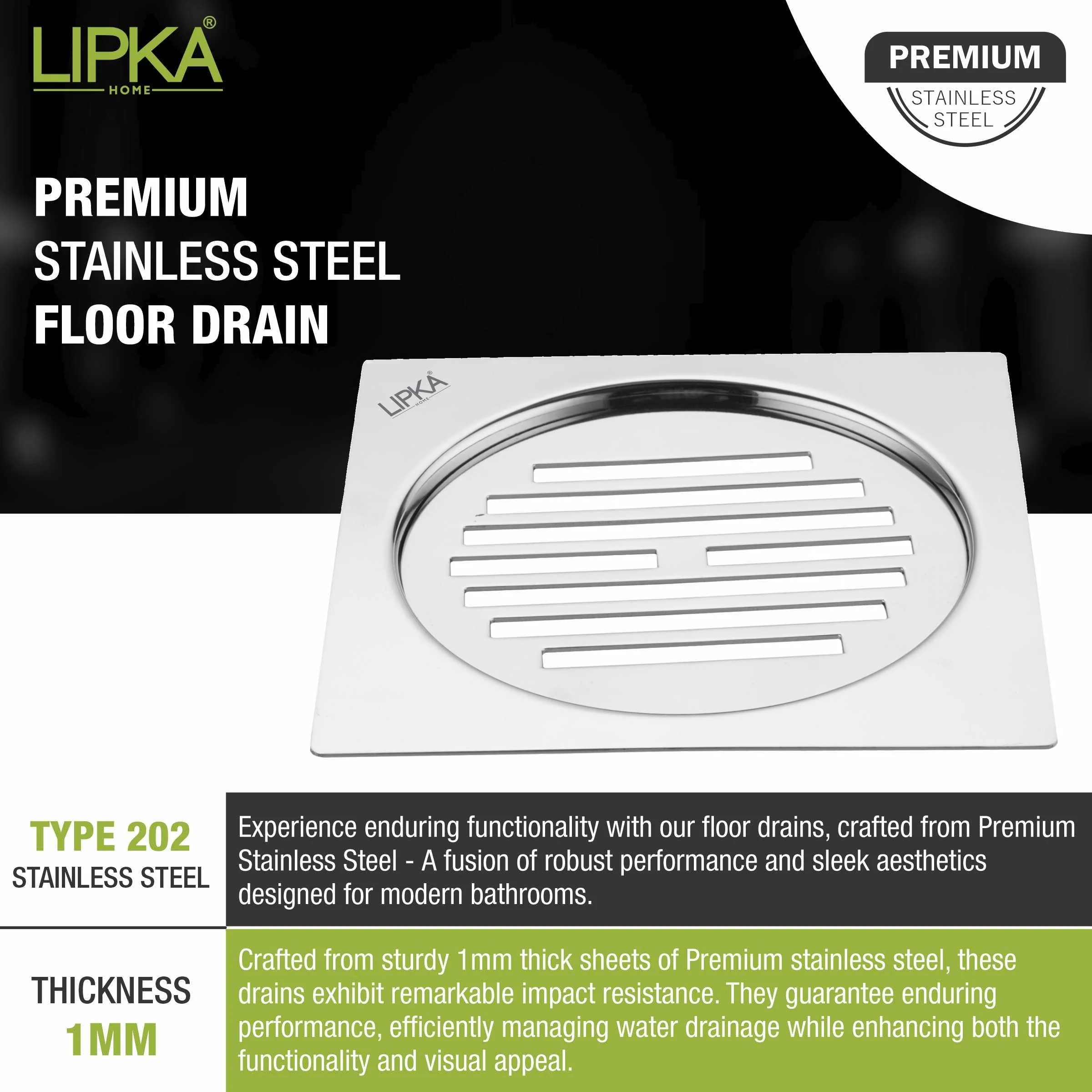 Eon Square Flat Cut Floor Drain with Golden Classic Jali (5 x 5 Inches) - LIPKA - Image 4