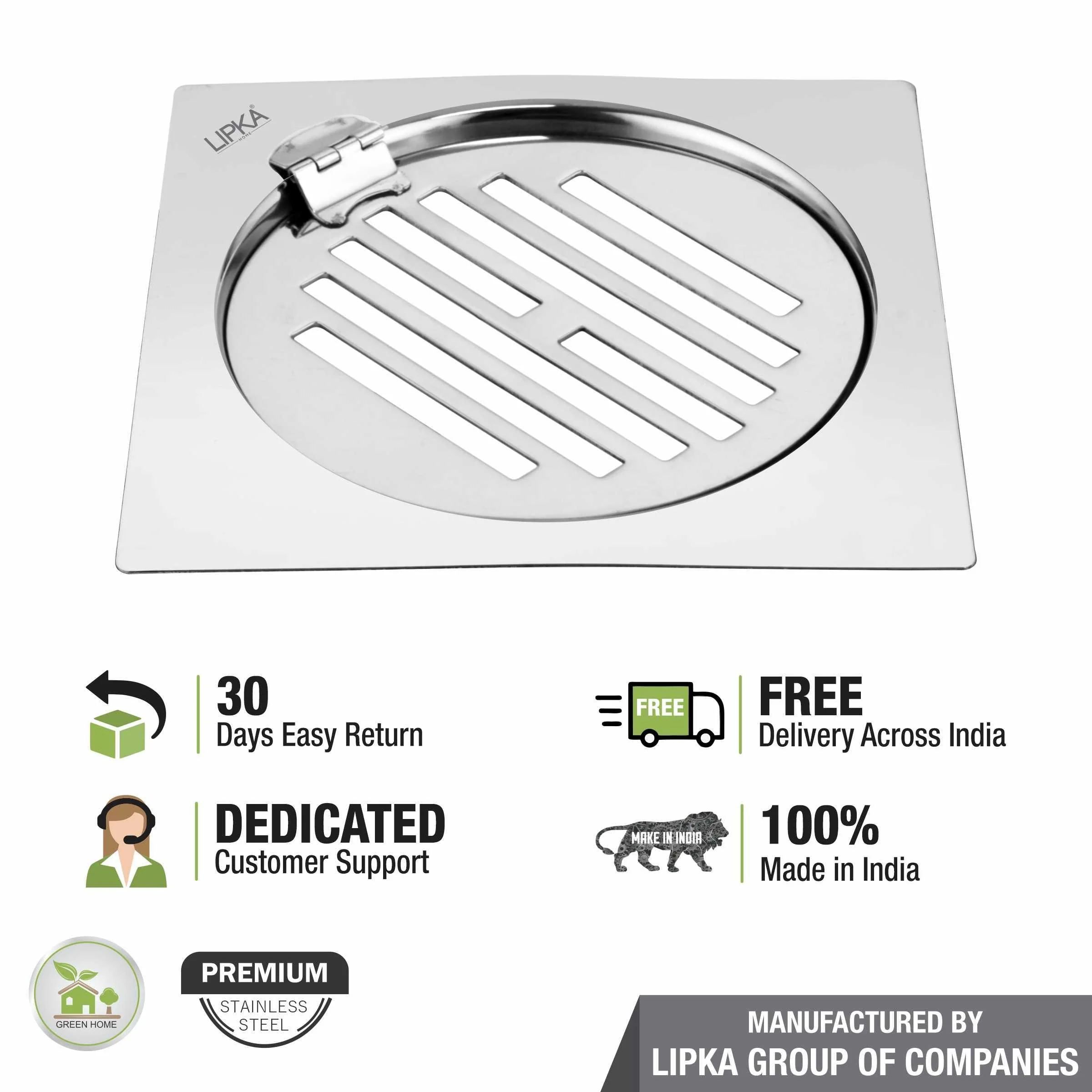 Eon Square Flat Cut Floor Drain with Golden Classic Jali and Hinge (5 x 5 Inches) - LIPKA - Image 5