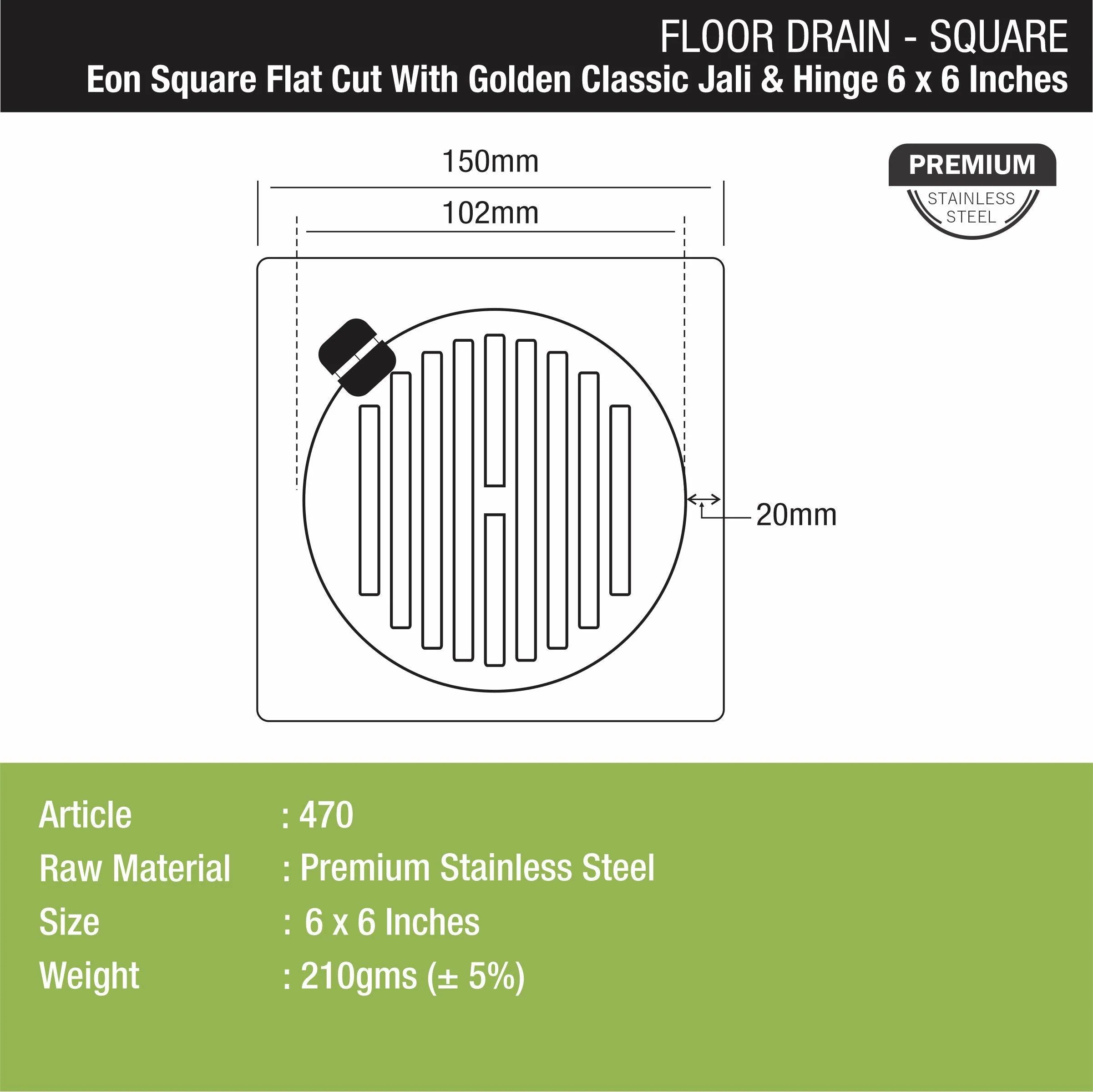 Eon Square Flat Cut Floor Drain with Golden Classic Jali and Hinge (6 x 6 Inches) - LIPKA - Image 2
