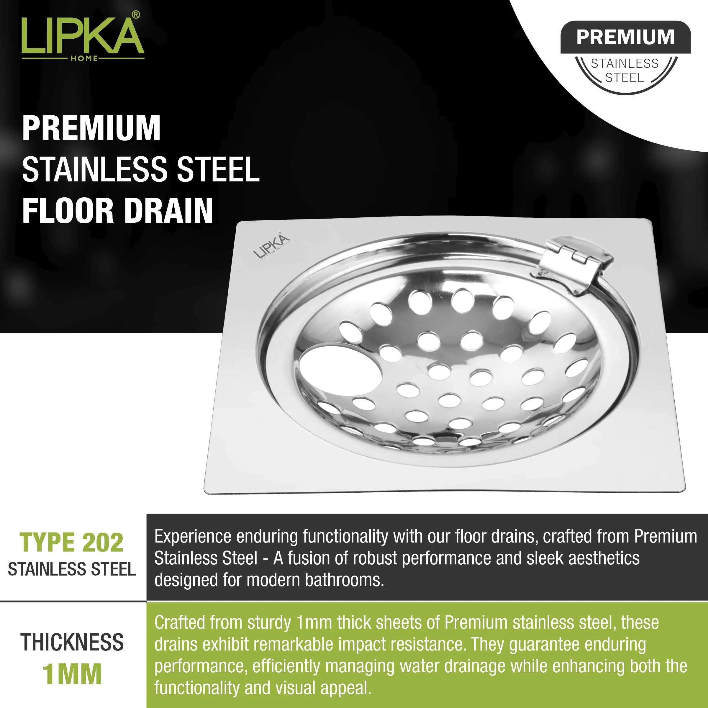 Eon Square Flat Cut Floor Drain with Hinge and Hole (5 x 5 Inches) - LIPKA - Image 5