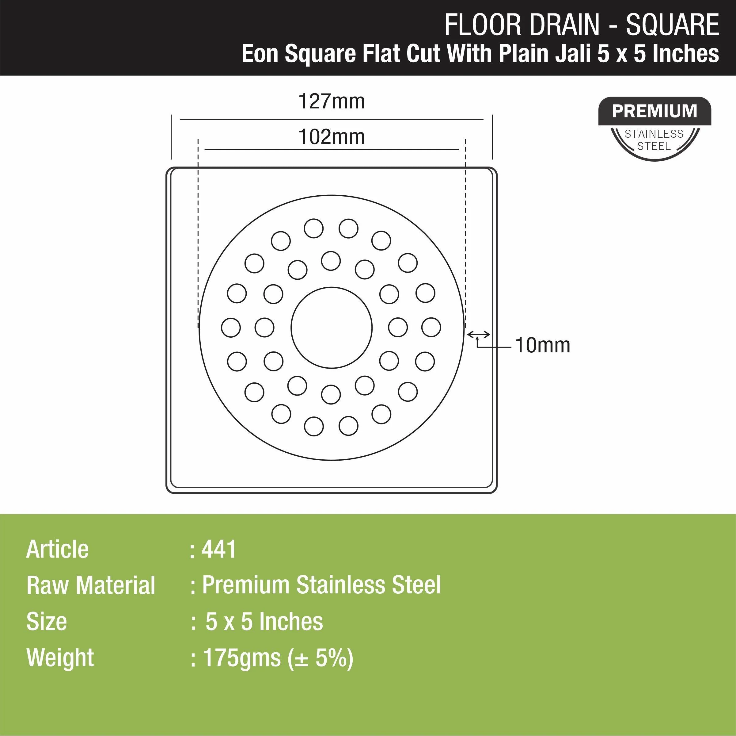 Eon Square Flat Cut Floor Drain with Plain Jali and Hole (5 x 5 Inches) - LIPKA - Image 2