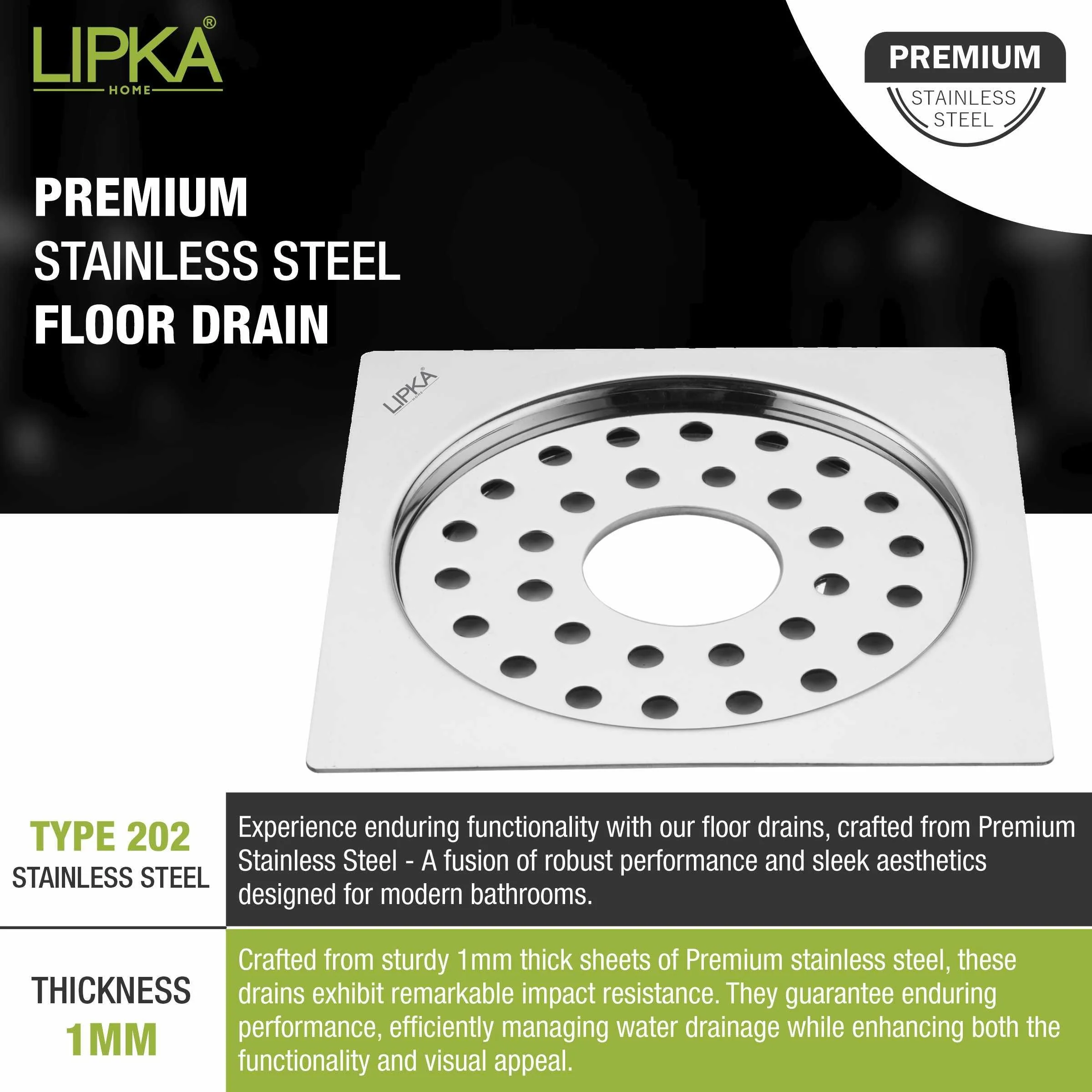 Eon Square Flat Cut Floor Drain with Plain Jali and Hole (5 x 5 Inches) - LIPKA - Image 4