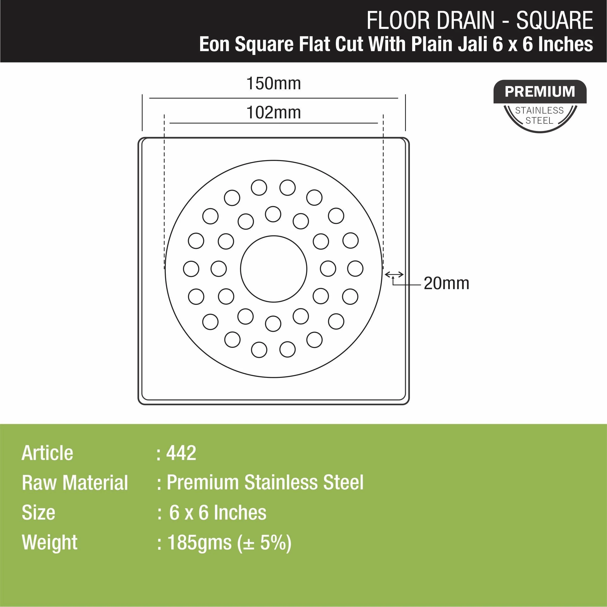 Eon Square Flat Cut Floor Drain with Plain Jali and Hole (6 x 6 Inches) - LIPKA - Image 2
