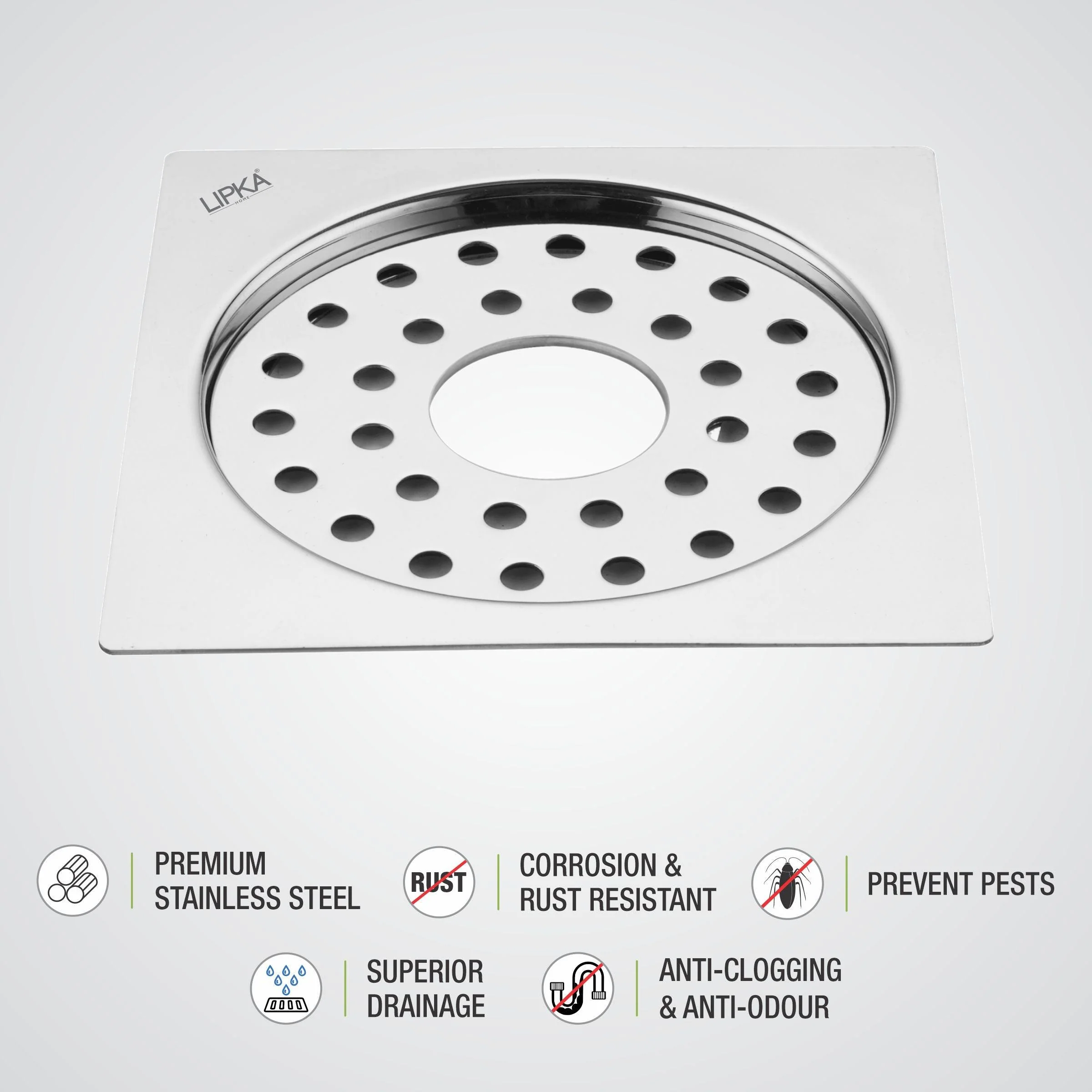 Eon Square Flat Cut Floor Drain with Plain Jali and Hole (6 x 6 Inches) - LIPKA - Image 3