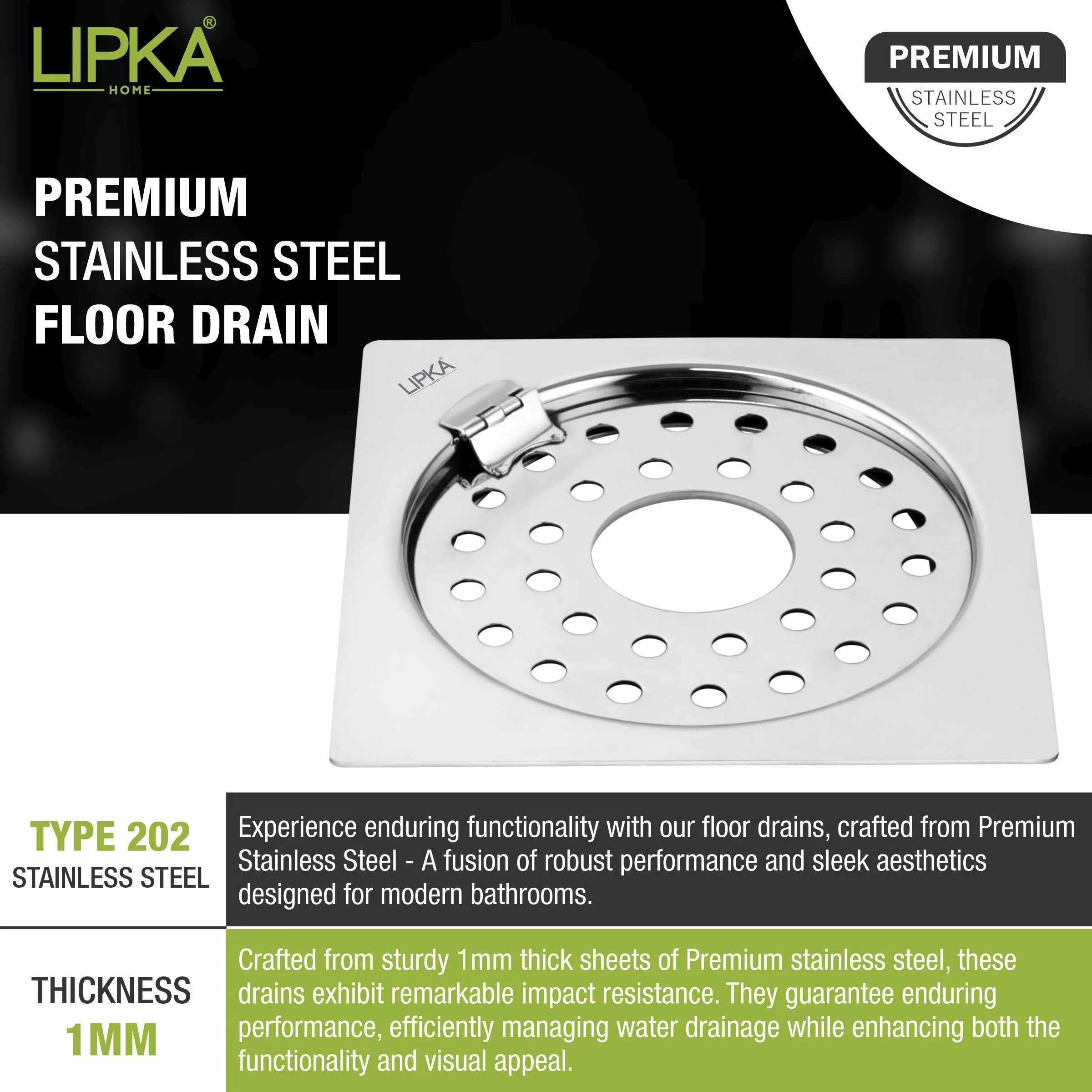 Eon Square Flat Cut Floor Drain with Plain Jali, Hinge and Hole (6 x 6 Inches) - LIPKA - Image 4