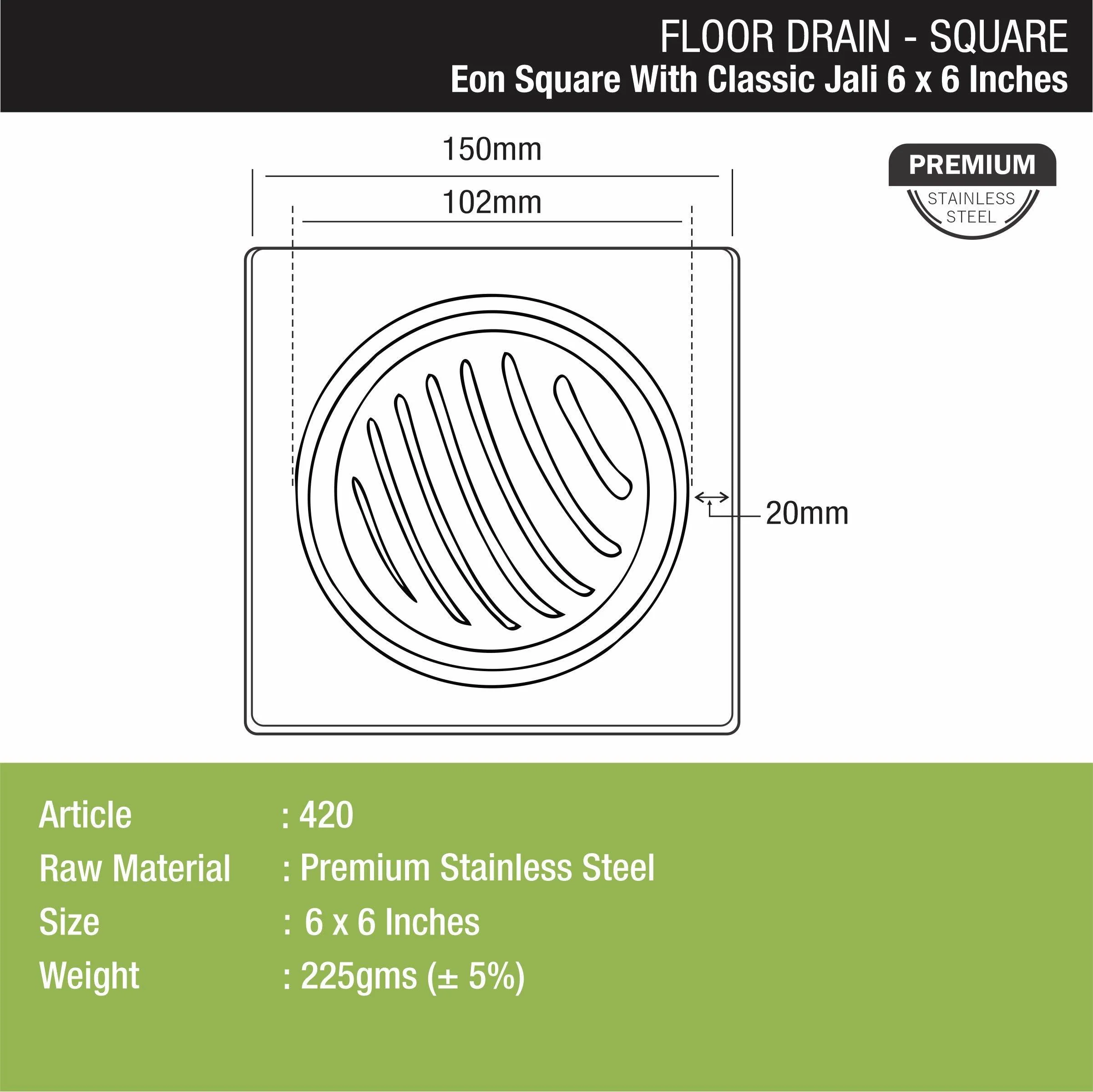 Eon Square Floor Drain with Classic Jali (6 x 6 Inches) - LIPKA - Image 2