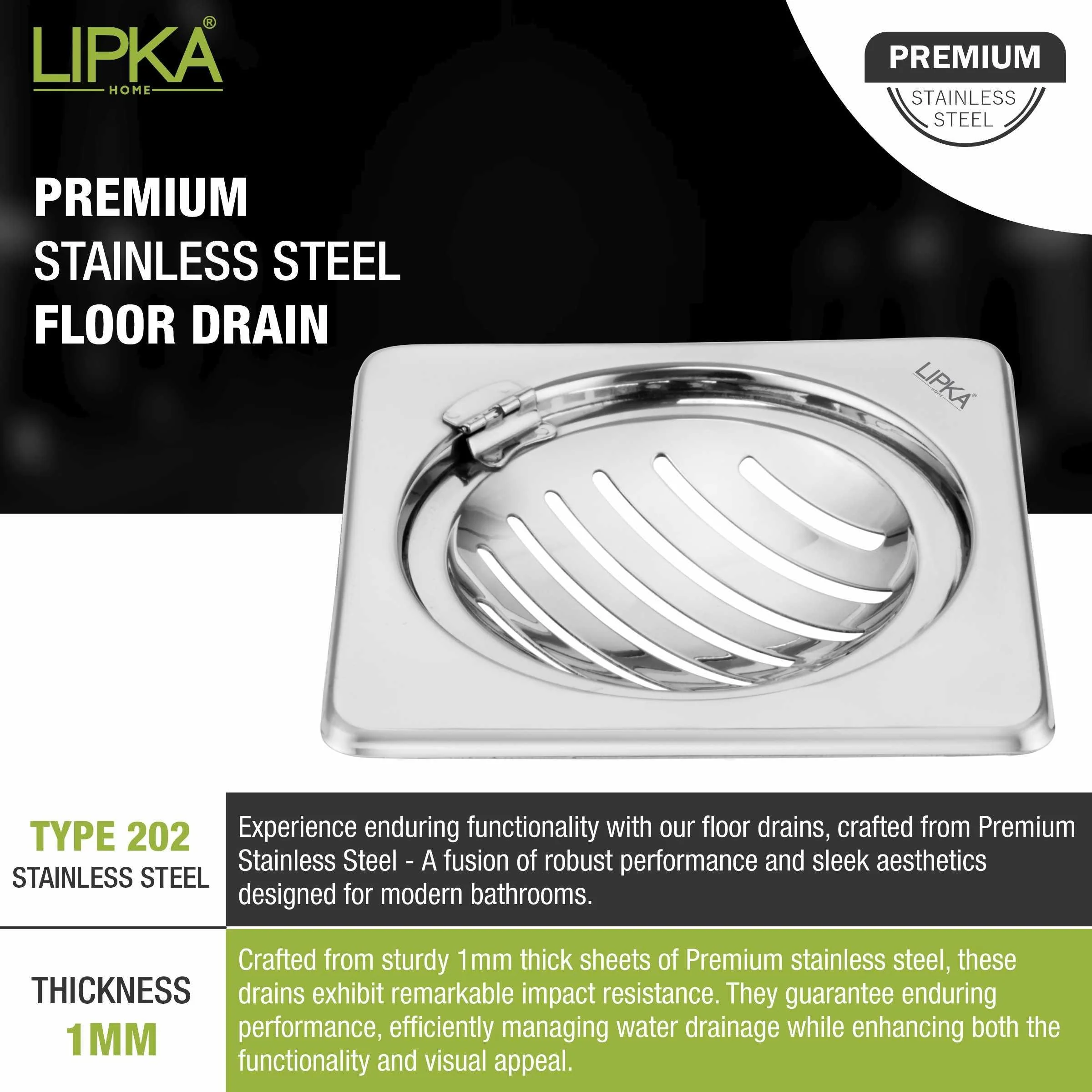 Eon Square Floor Drain with Classic Jali and Hinge (6 x 6 Inches) - LIPKA - Image 2