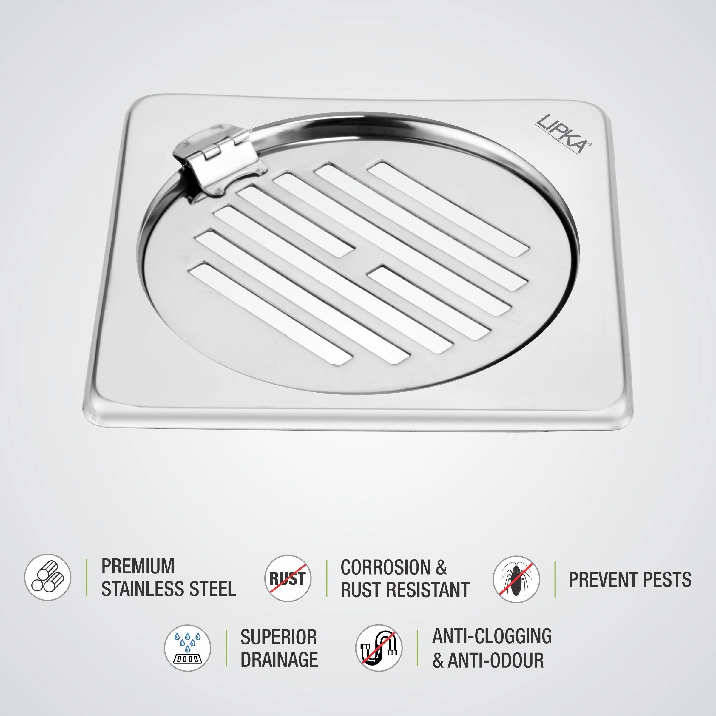 Eon Square Floor Drain with Golden Classic Jali and Hinge (5 x 5 Inches) - LIPKA - Image 3