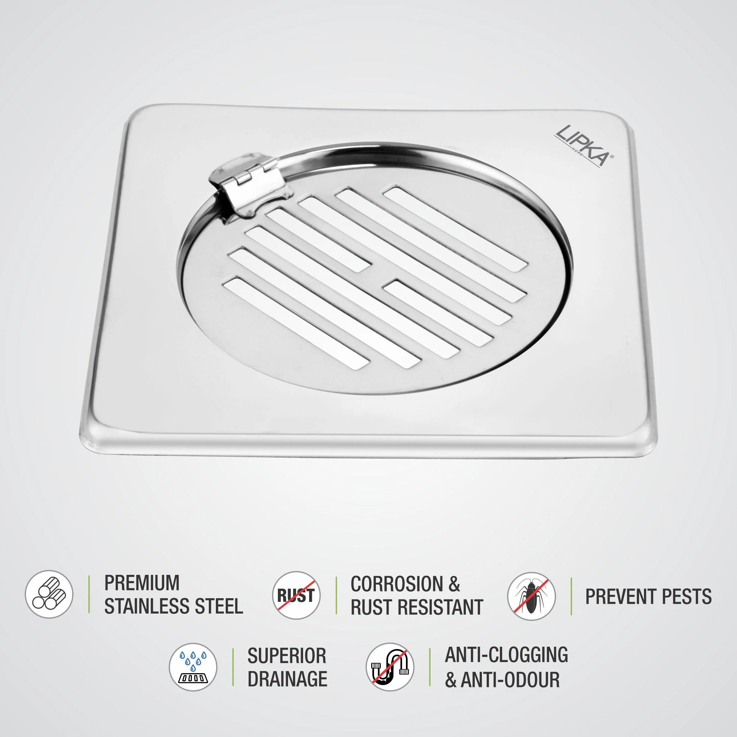 Eon Square Floor Drain with Golden Classic Jali and Hinge (6 x 6 Inches) - LIPKA - Image 3