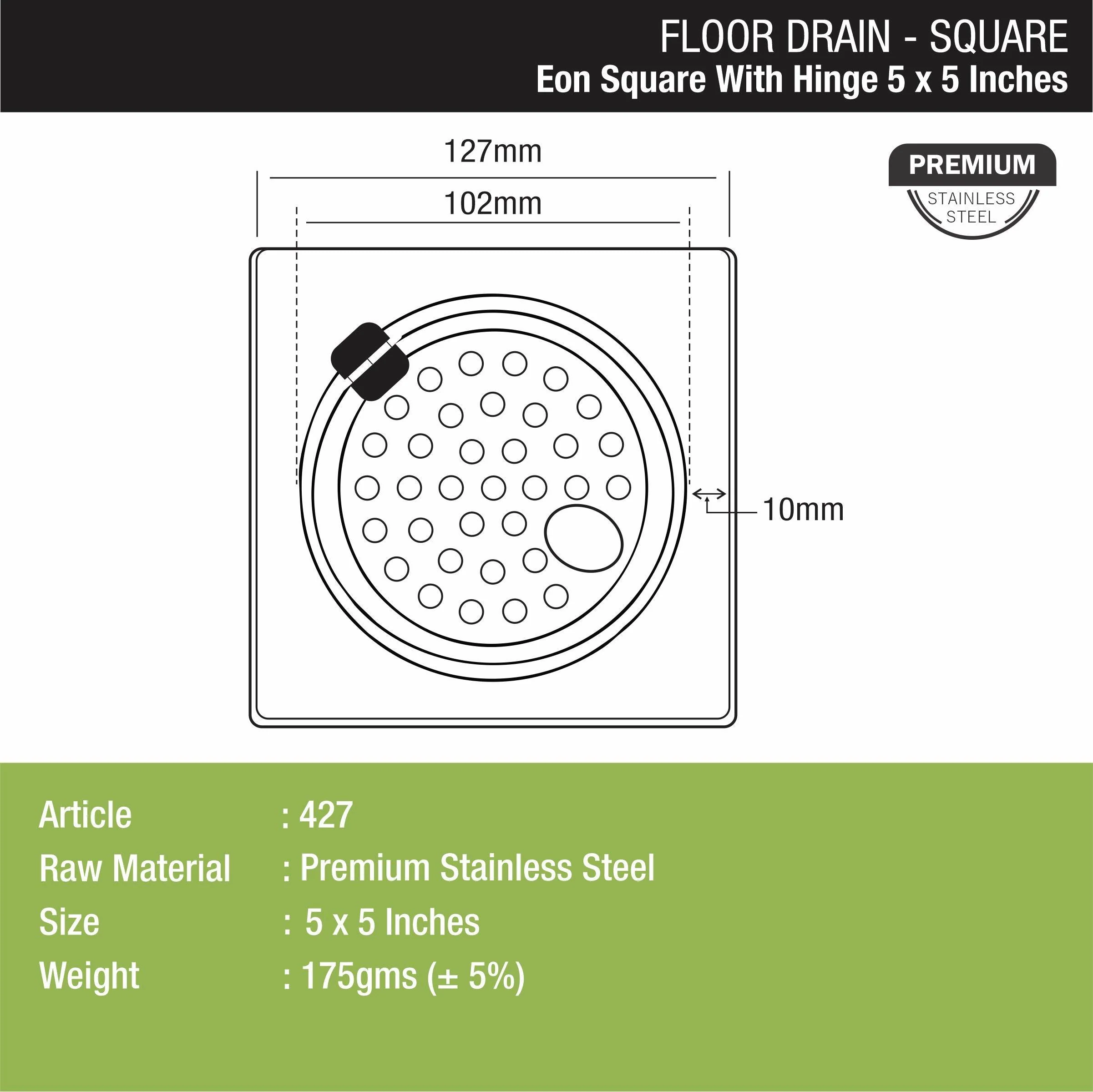Eon Square Floor Drain with Hinge and Hole (5 x 5 Inches) - LIPKA - Image 2