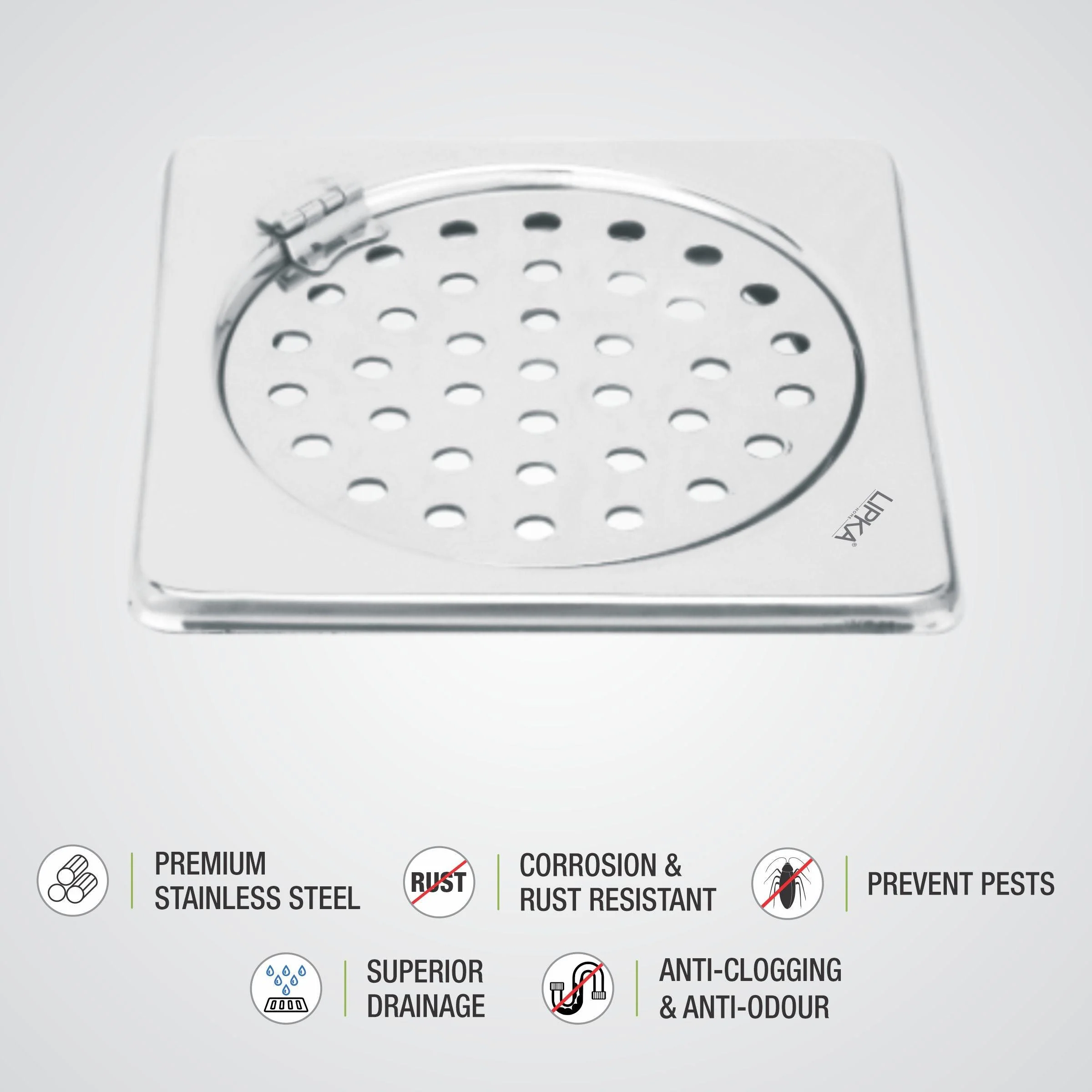 Eon Square Floor Drain with Plain Jali and Hinge (5 x 5 Inches) - LIPKA - Image 3