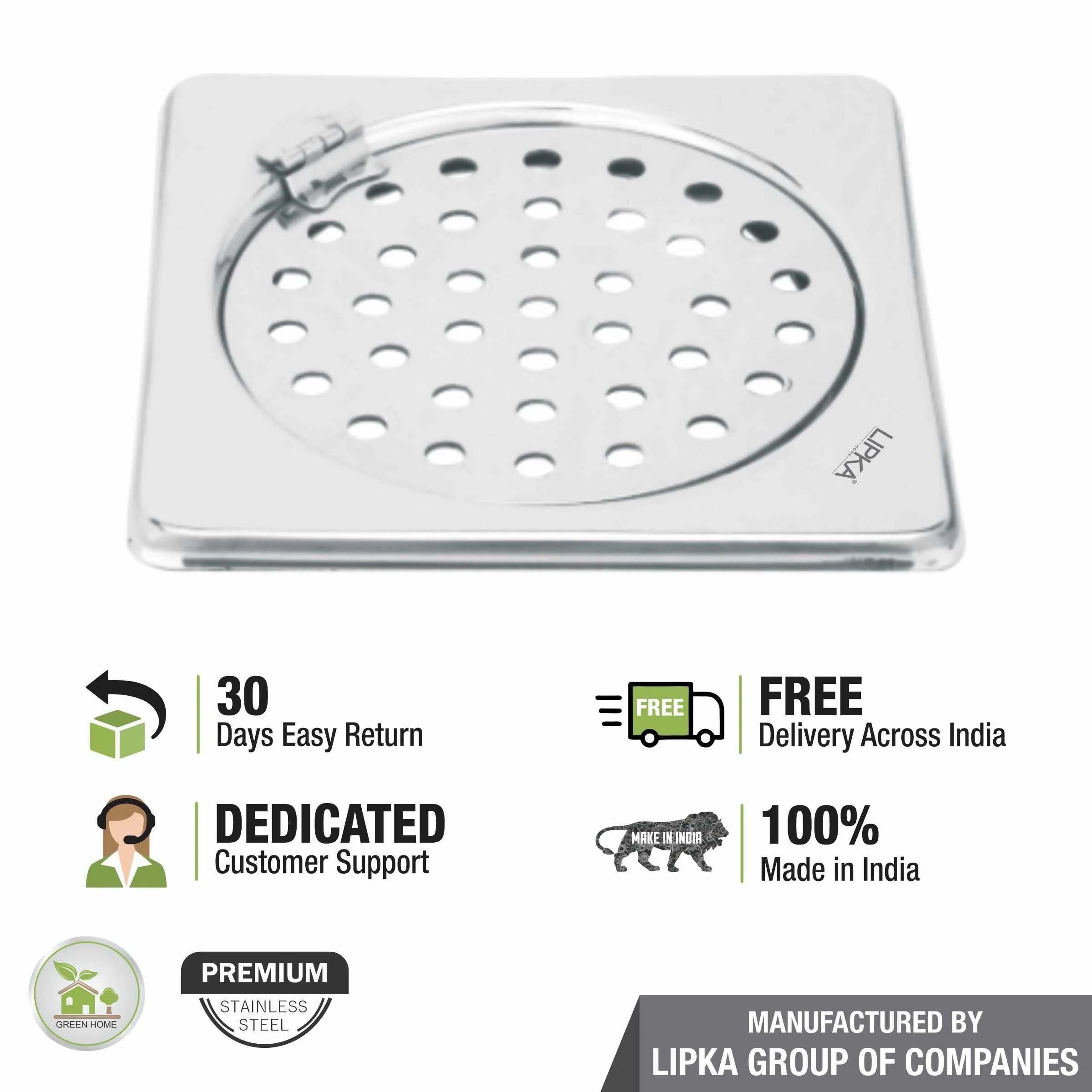Eon Square Floor Drain with Plain Jali and Hinge (6 x 6 Inches) - LIPKA - Image 5
