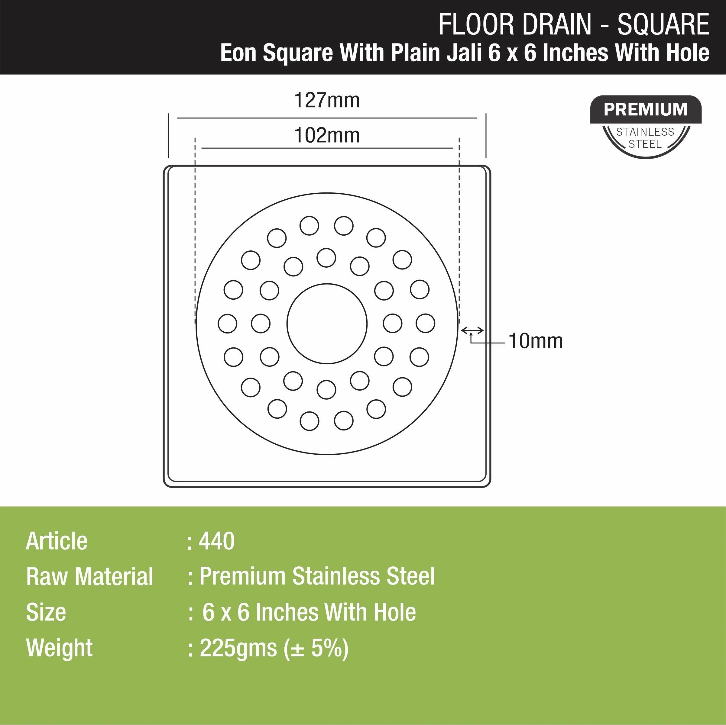 Eon Square Floor Drain with Plain Jali and Hole (6 x 6 Inches) - LIPKA - Image 2