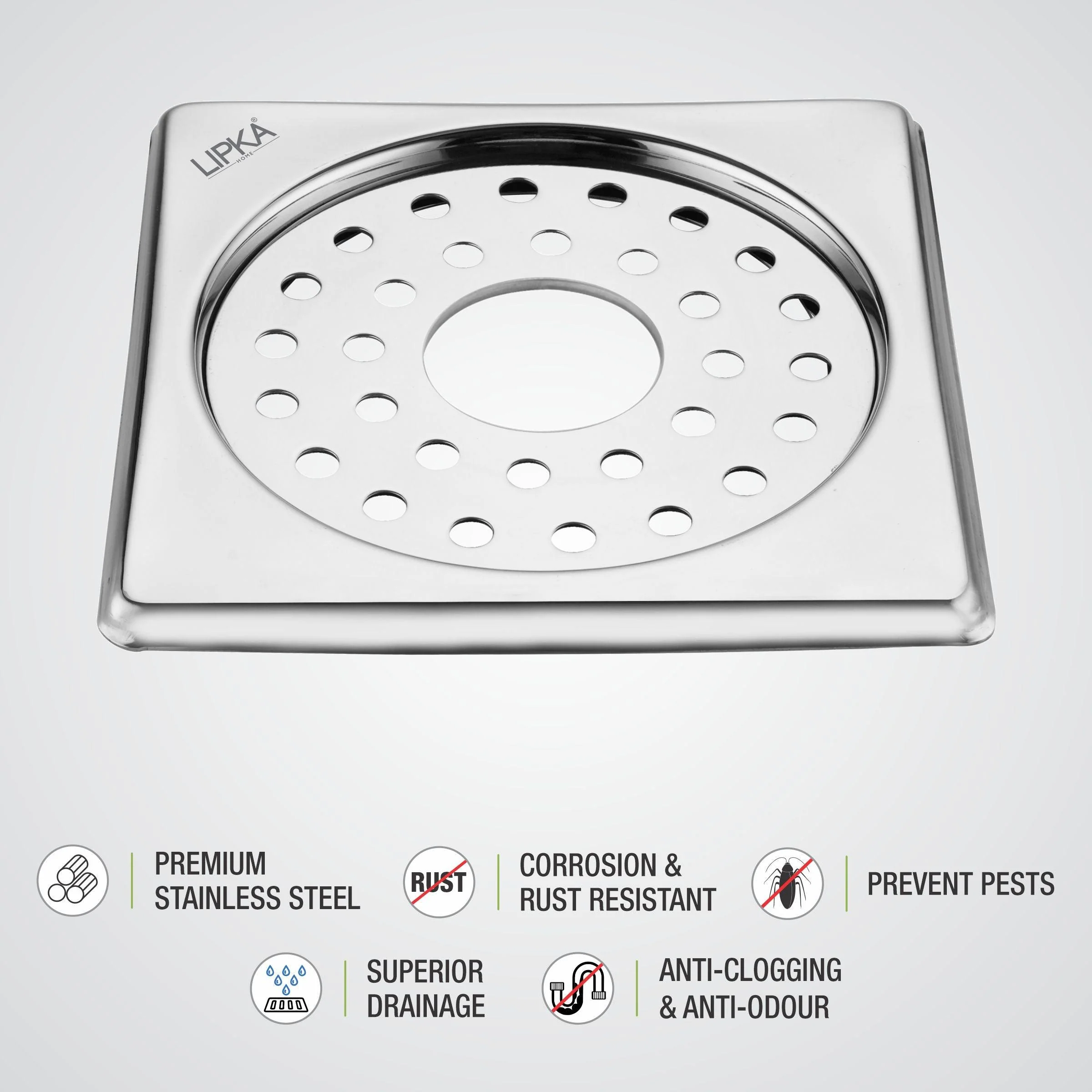 Eon Square Floor Drain with Plain Jali and Hole (6 x 6 Inches) - LIPKA - Image 3