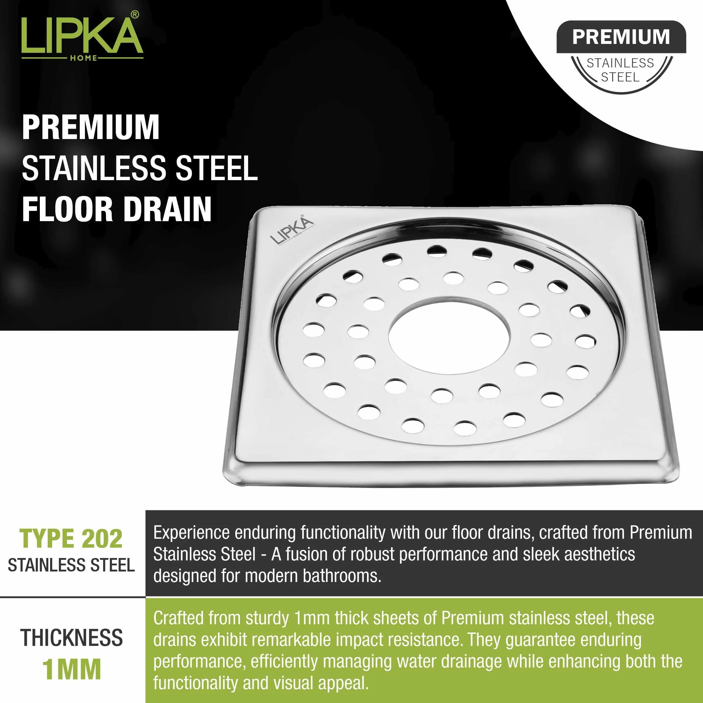 Eon Square Floor Drain with Plain Jali and Hole (6 x 6 Inches) - LIPKA - Image 4