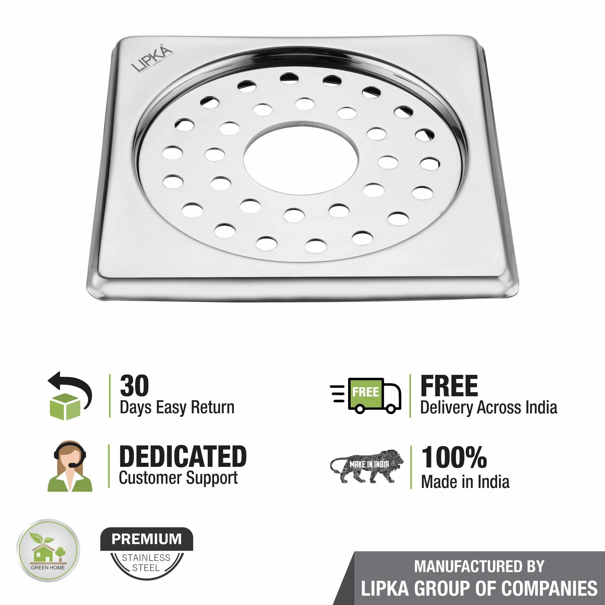 Eon Square Floor Drain with Plain Jali and Hole (6 x 6 Inches) - LIPKA - Image 5