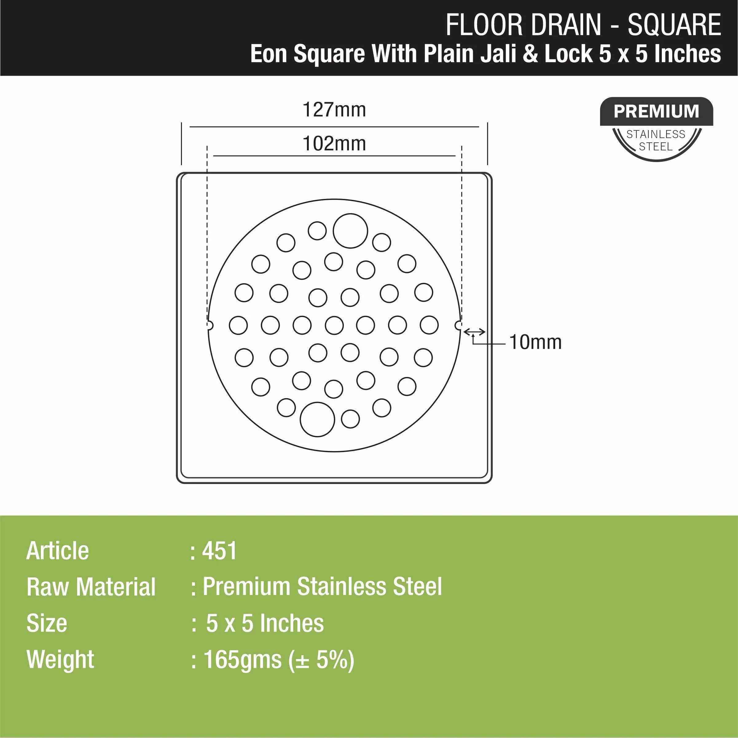 Eon Square Floor Drain with Plain Jali and Lock (5 x 5 Inches) - LIPKA - Image 2