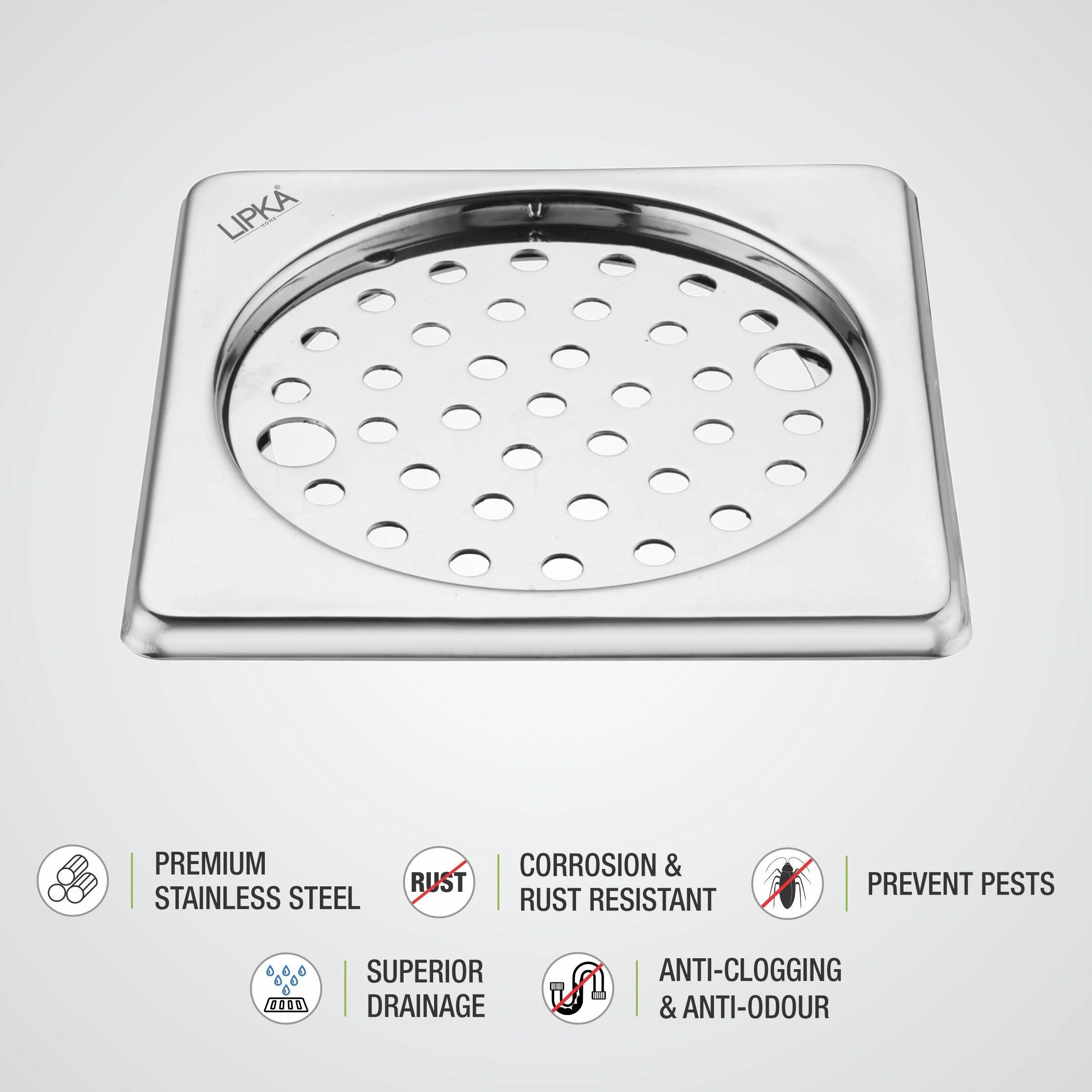 Eon Square Floor Drain with Plain Jali and Lock (6 x 6 Inches) - LIPKA - Image 3