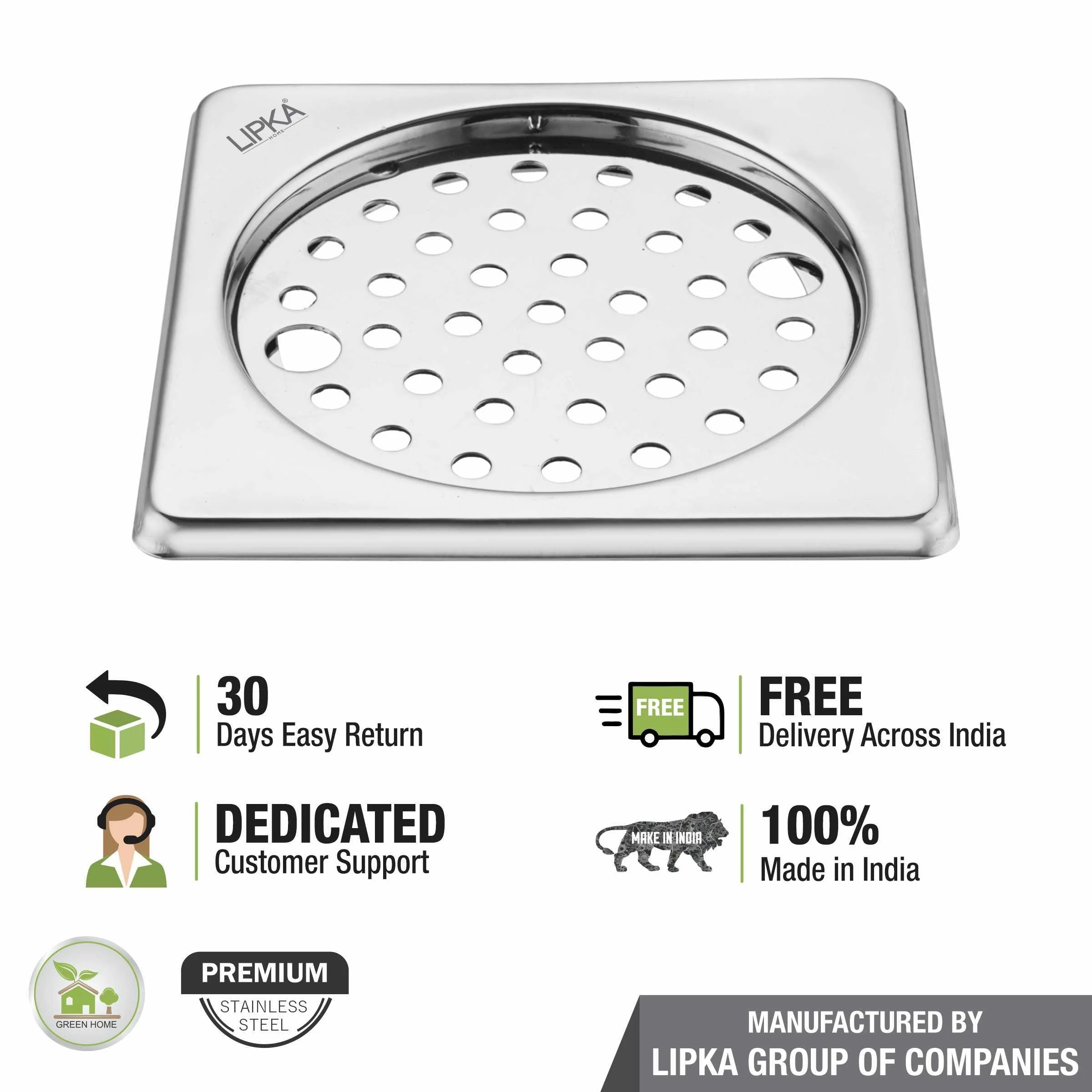 Eon Square Floor Drain with Plain Jali and Lock (6 x 6 Inches) - LIPKA - Image 5