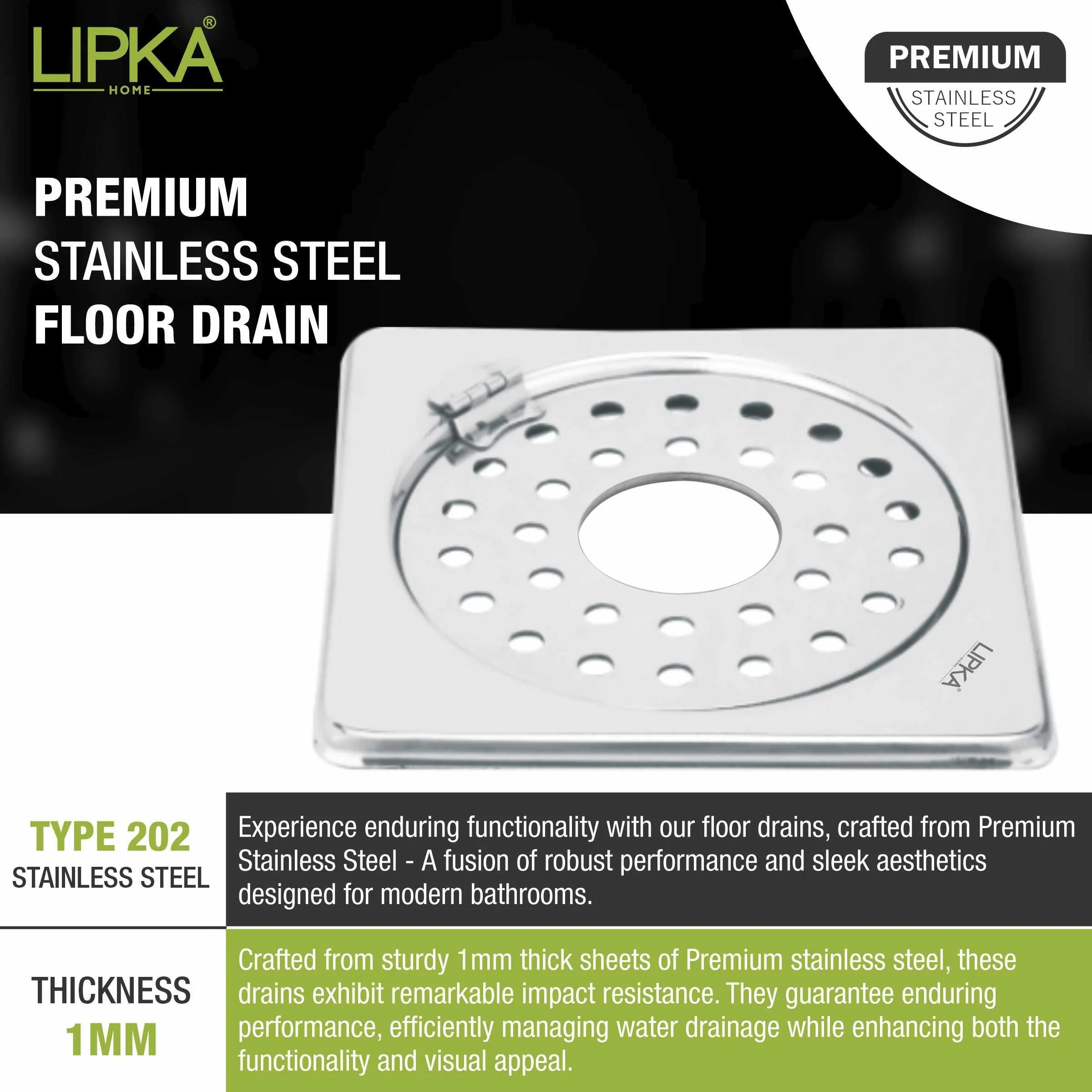 Eon Square Floor Drain with Plain Jali, Hinge and Hole (6 x 6 Inches) - LIPKA - Image 4
