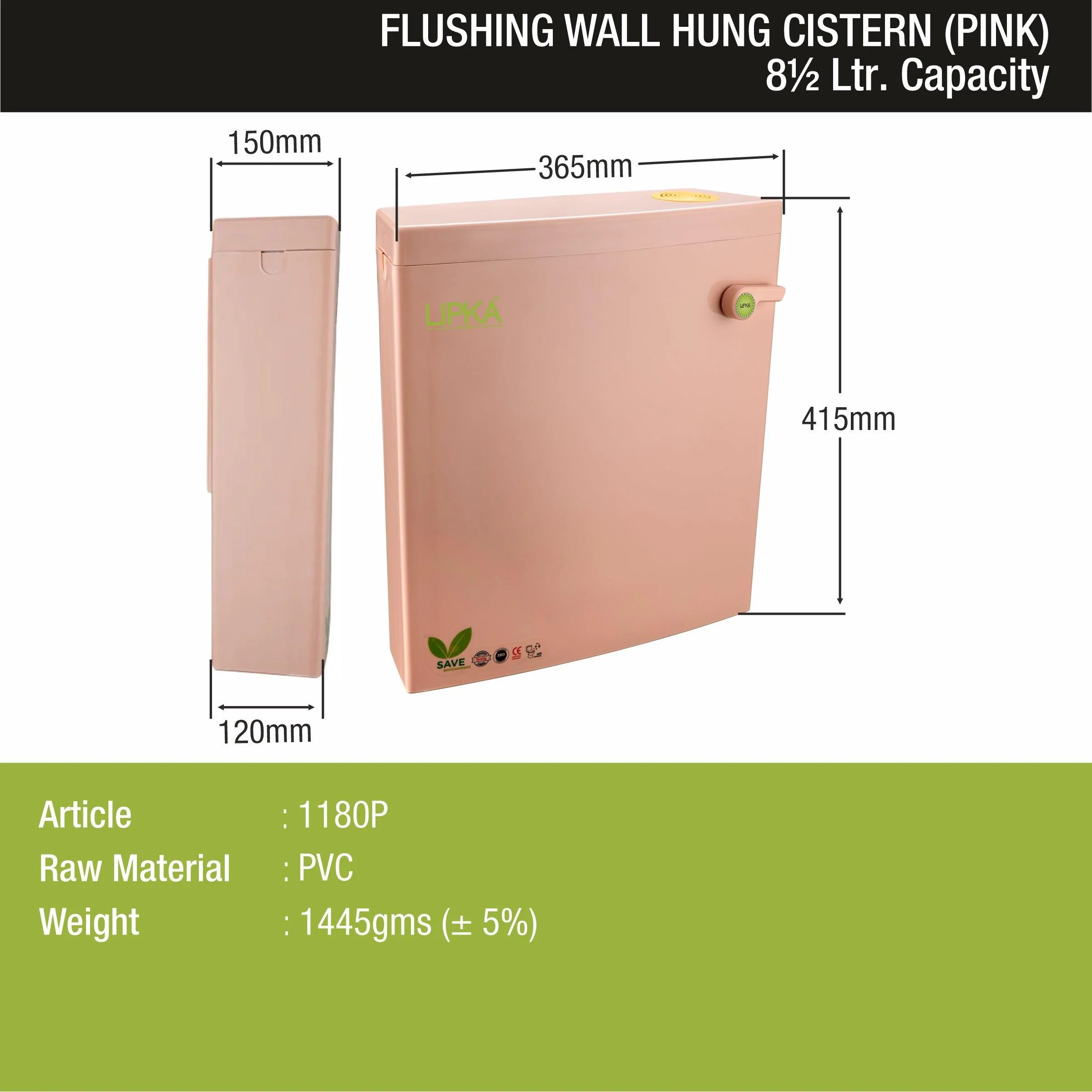 Square Flushing Cistern/ Flush Tank (Pink) |Commode not included| - LIPKA - Image 3