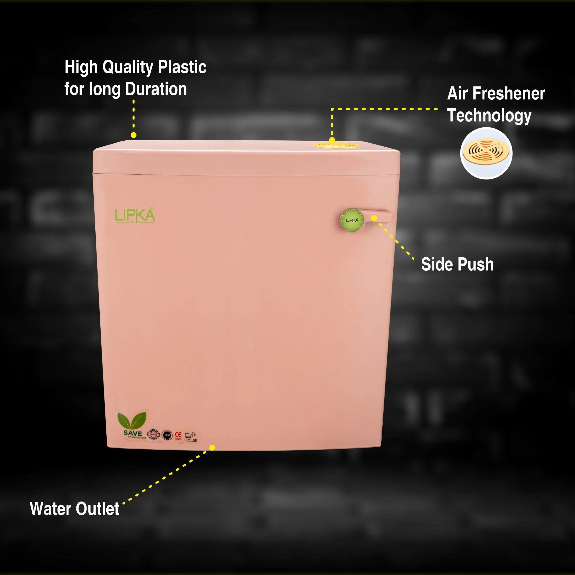 Square Flushing Cistern/ Flush Tank (Pink) |Commode not included| - LIPKA - Image 4