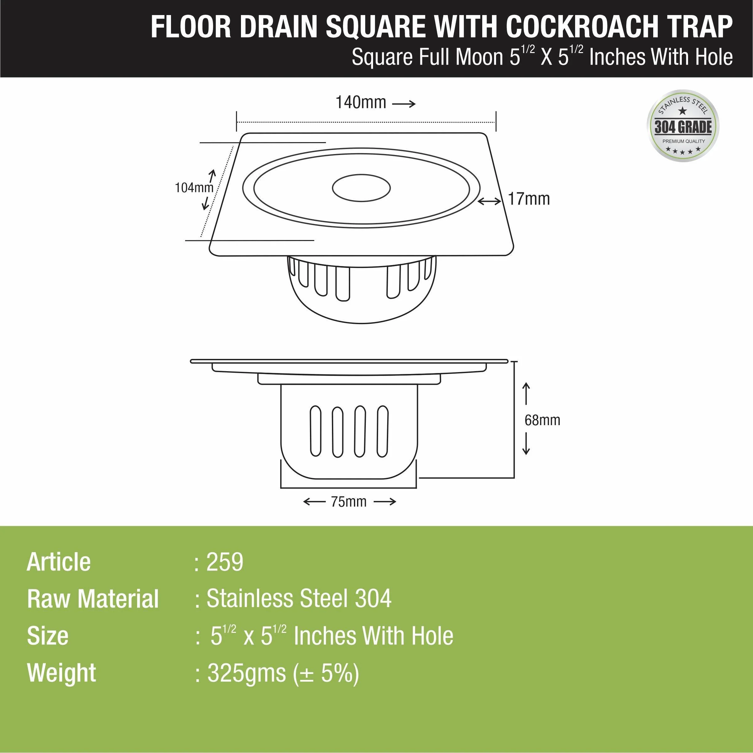 Full Moon Square Floor Drain (5.5 x 5.5 Inches) with Hole and Cockroach Trap - LIPKA - Image 2