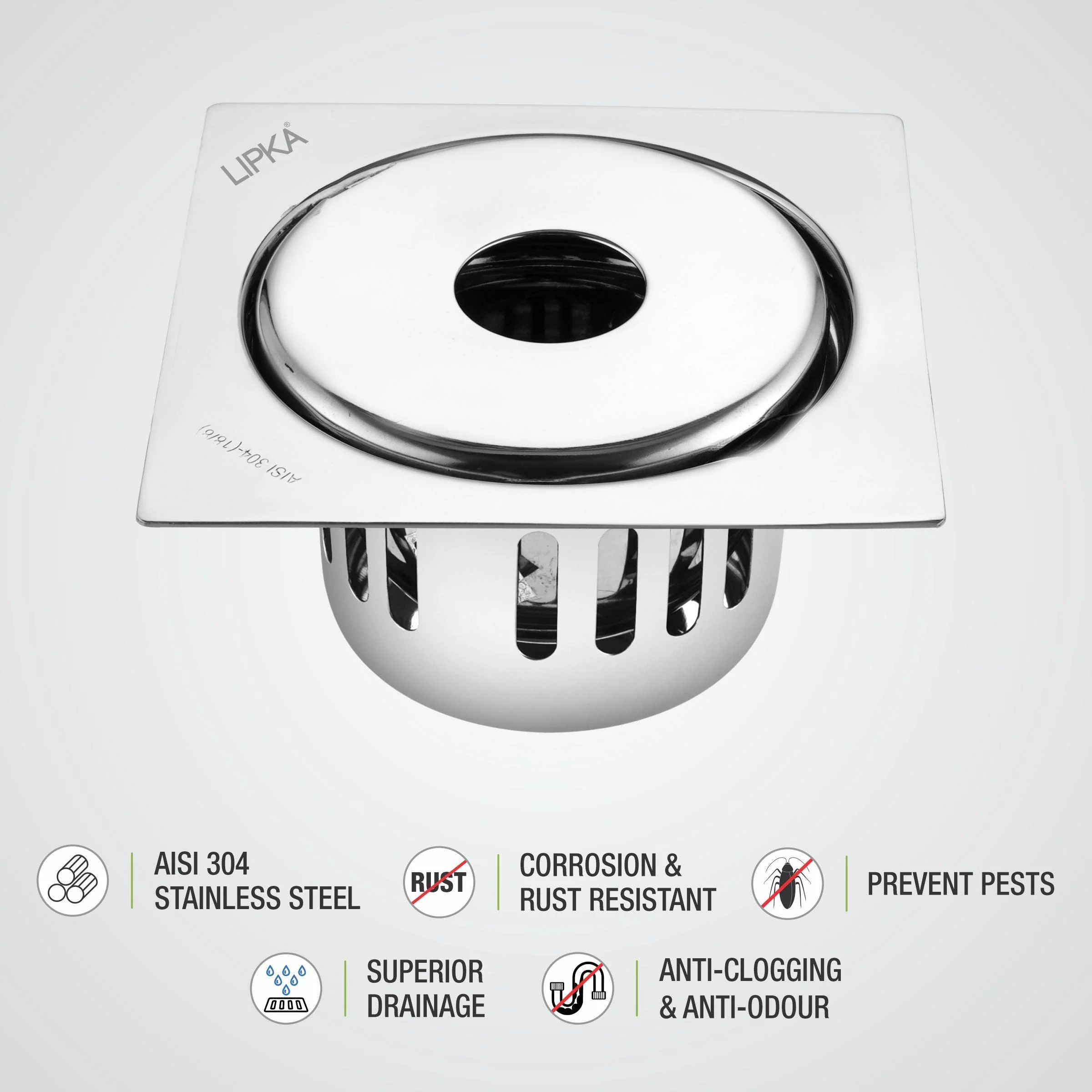 Full Moon Square Floor Drain (5.5 x 5.5 Inches) with Hole and Cockroach Trap - LIPKA - Image 3