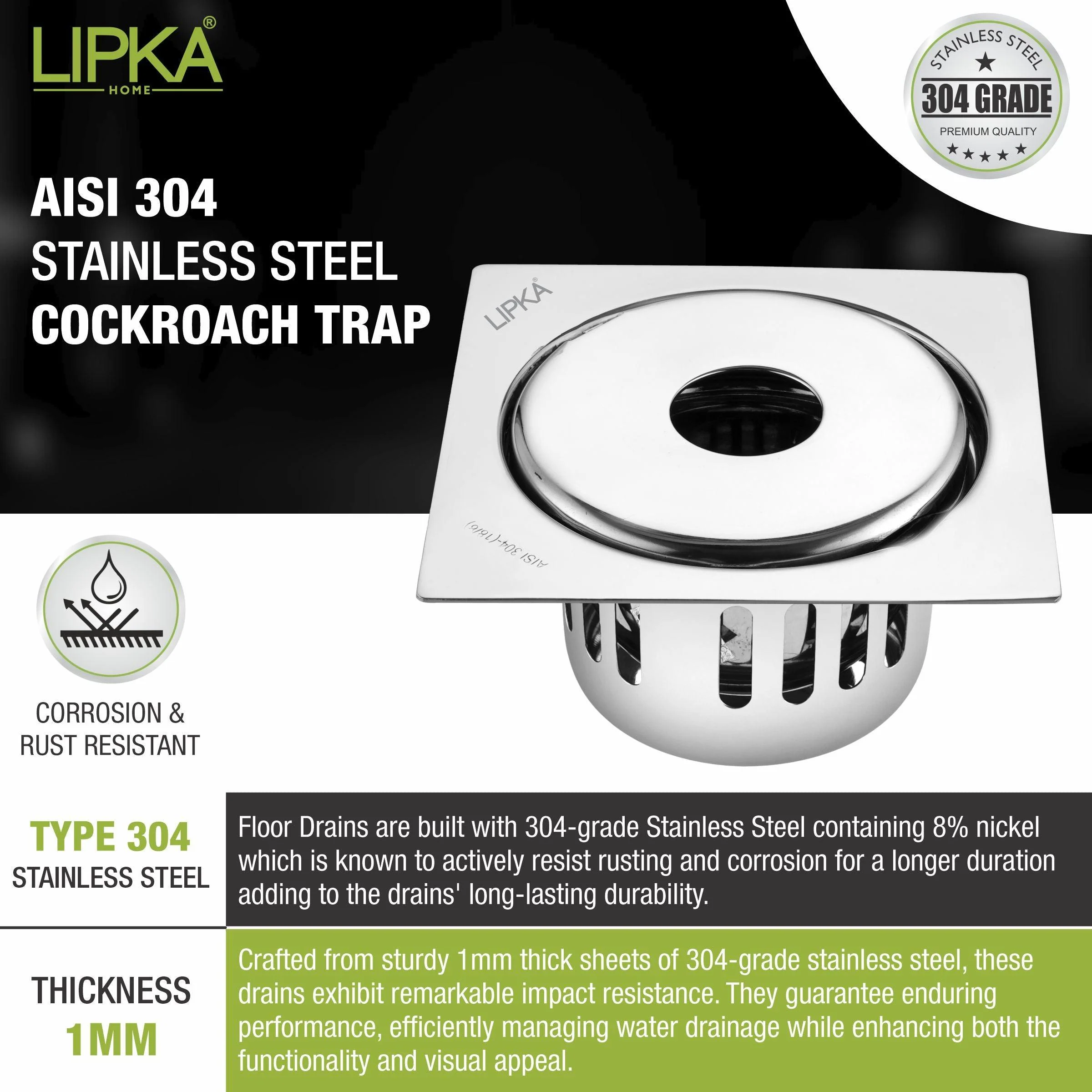 Full Moon Square Floor Drain (5.5 x 5.5 Inches) with Hole and Cockroach Trap - LIPKA - Image 5