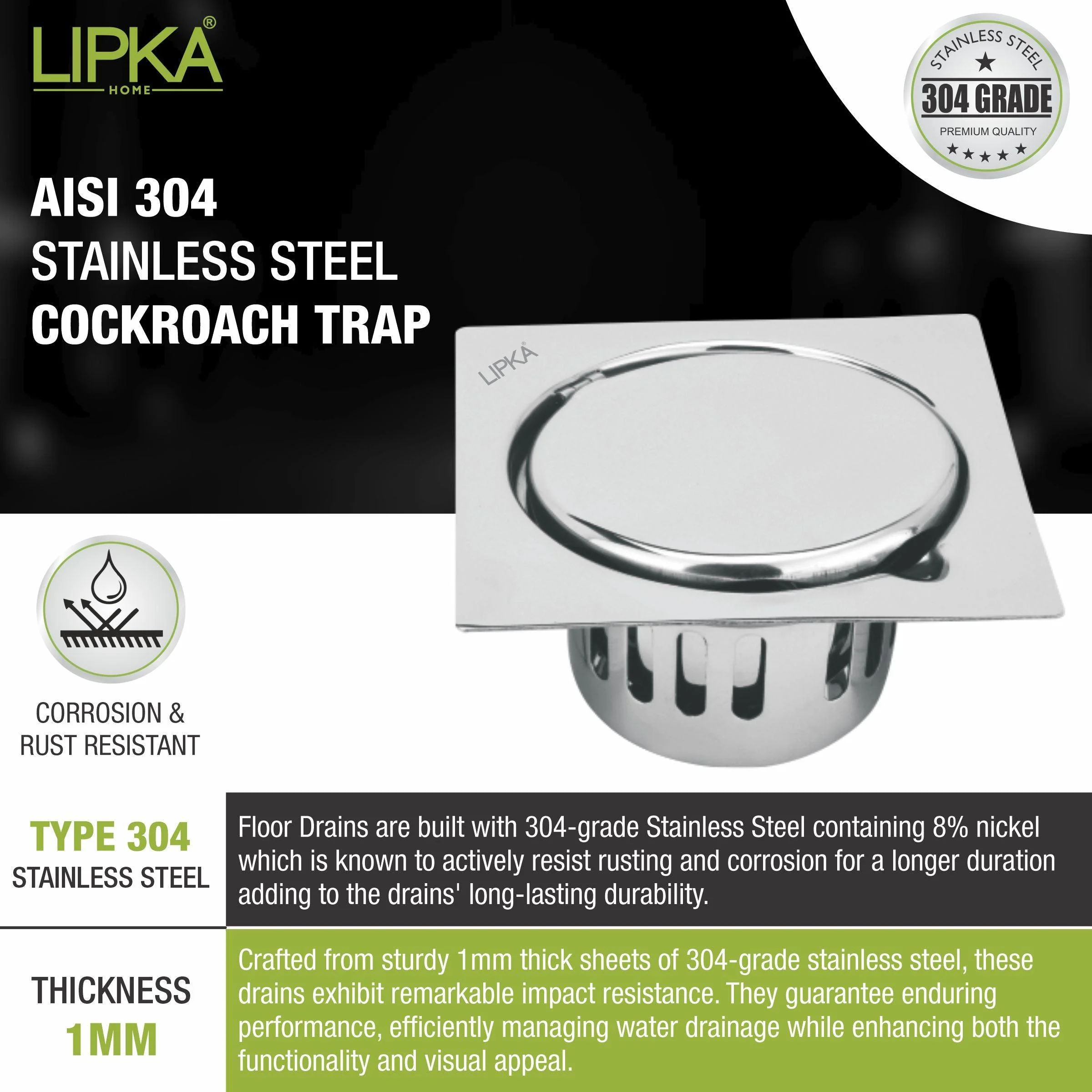 Full Moon Square Floor Drain (5 x 5 Inches) with Cockroach Trap - LIPKA - Image 4