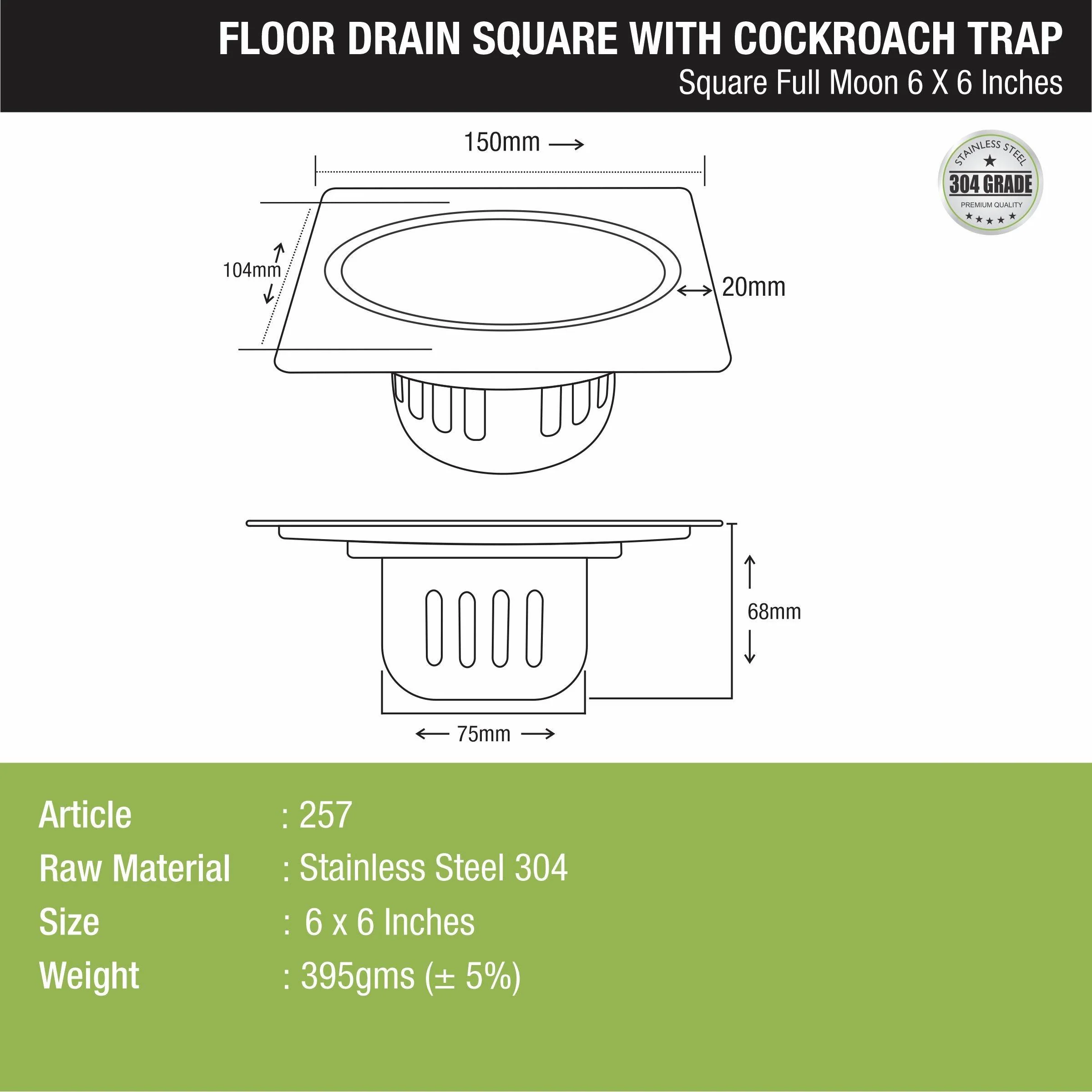 Full Moon Square Floor Drain (6 x 6 Inches) with Cockroach Trap - LIPKA - Image 2
