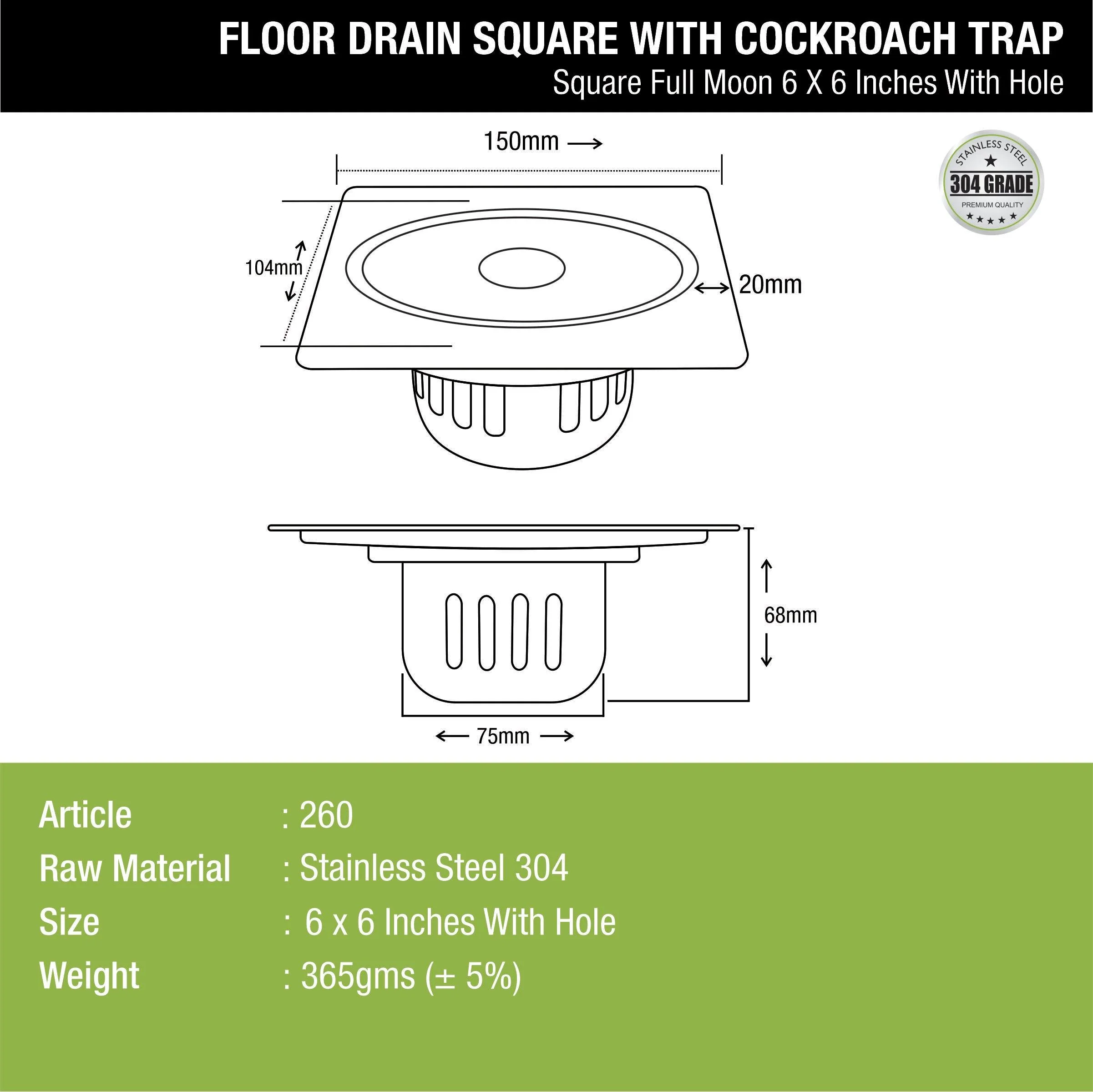 Full Moon Square Floor Drain (6 x 6 Inches) with Hole and Cockroach Trap - LIPKA - Image 2