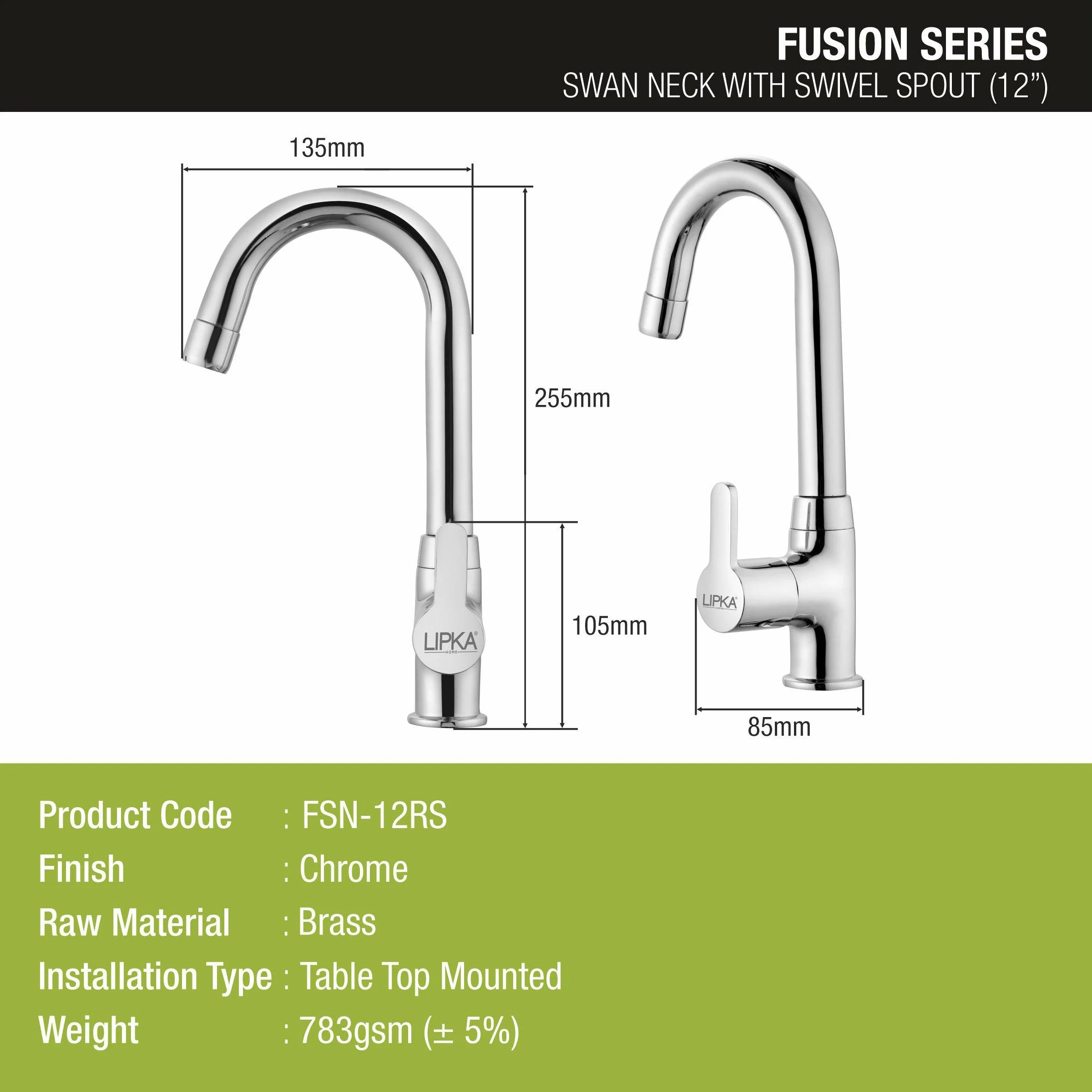 Fusion Swan Neck Brass Faucet with Round Swivel Spout (12 Inches) - LIPKA - Image 2